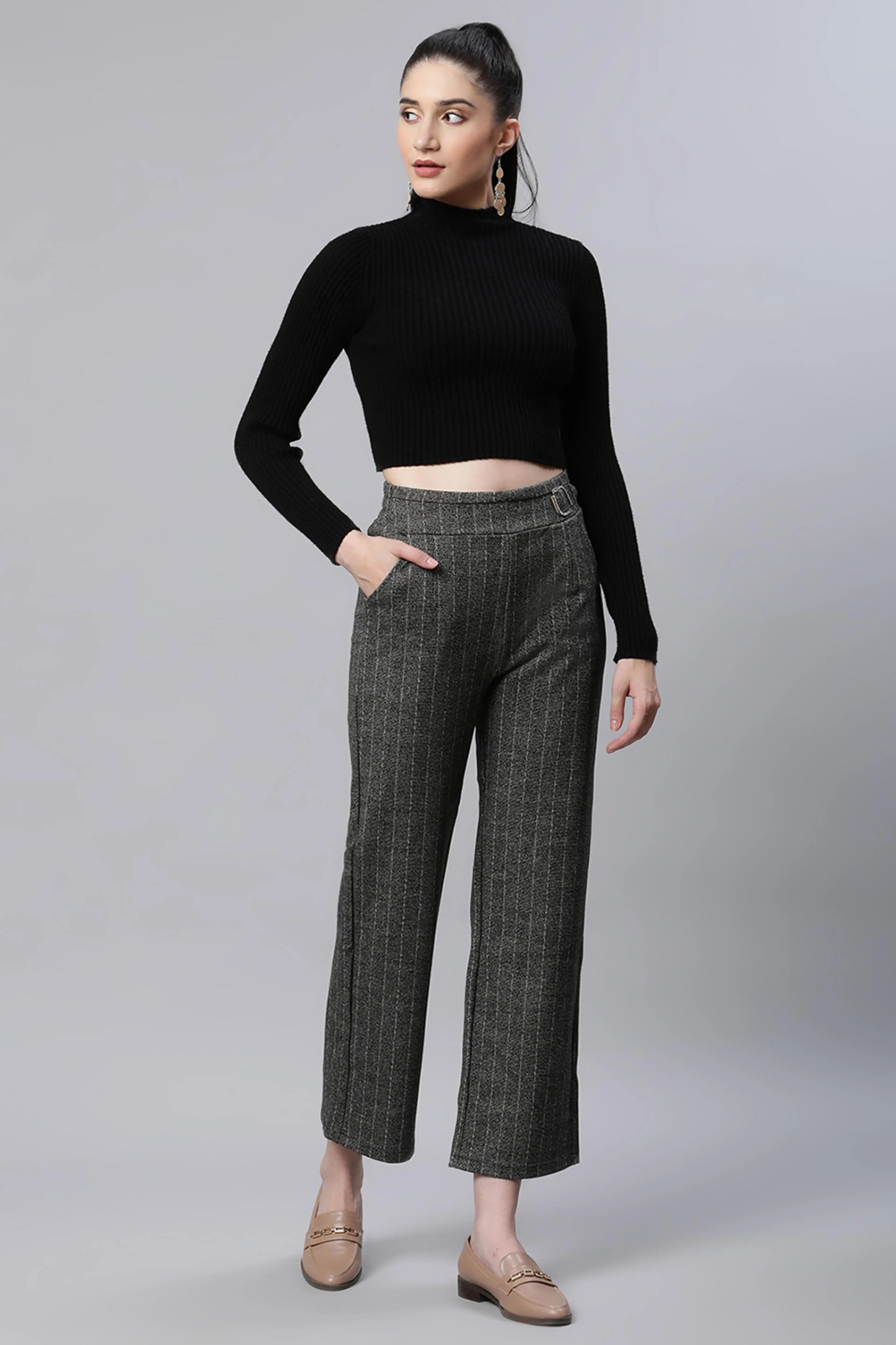 Striped High Rise Brown Straight Trousers