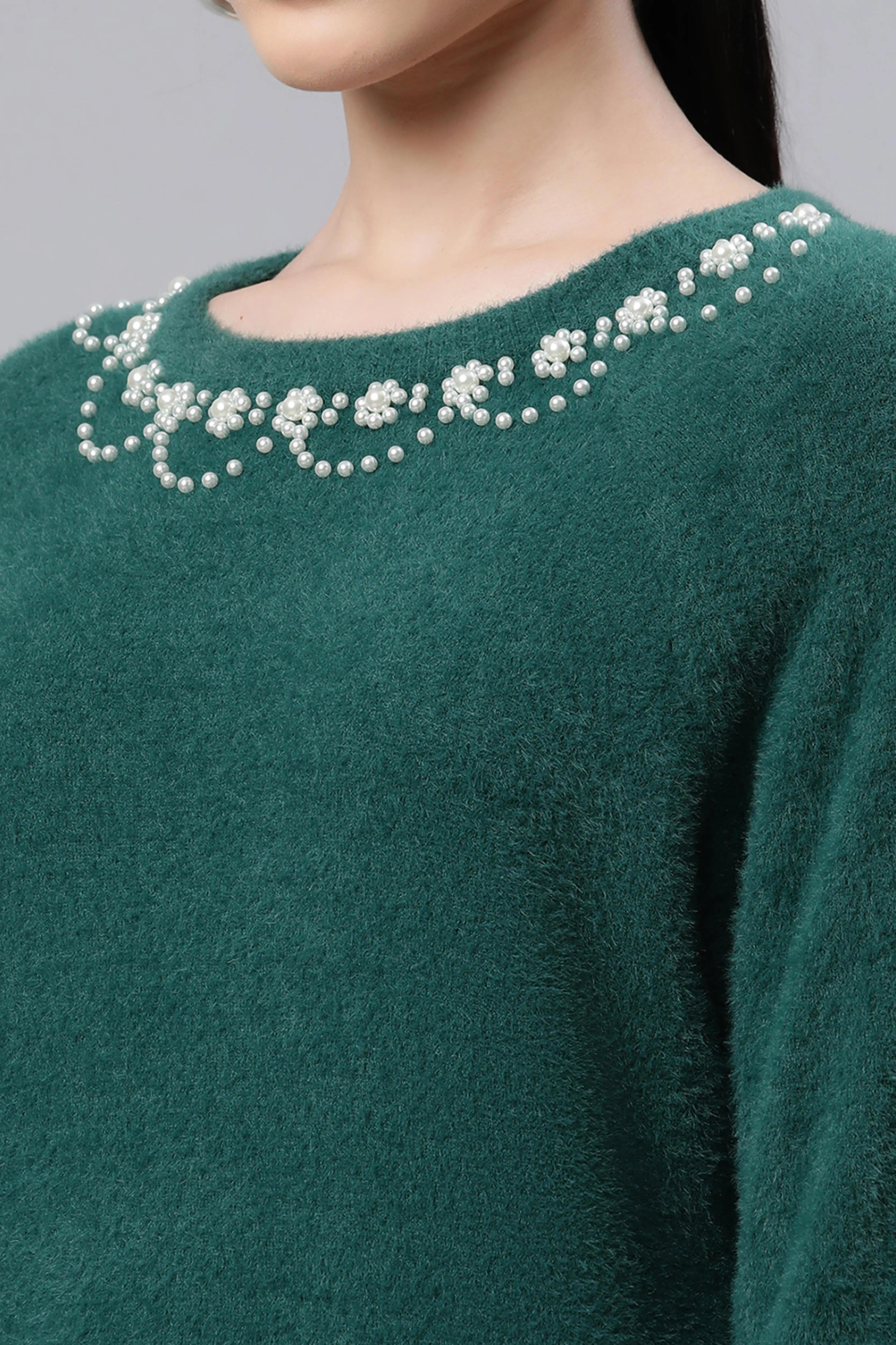 Green Embellished Woolen Loose Pullover - Global Republic