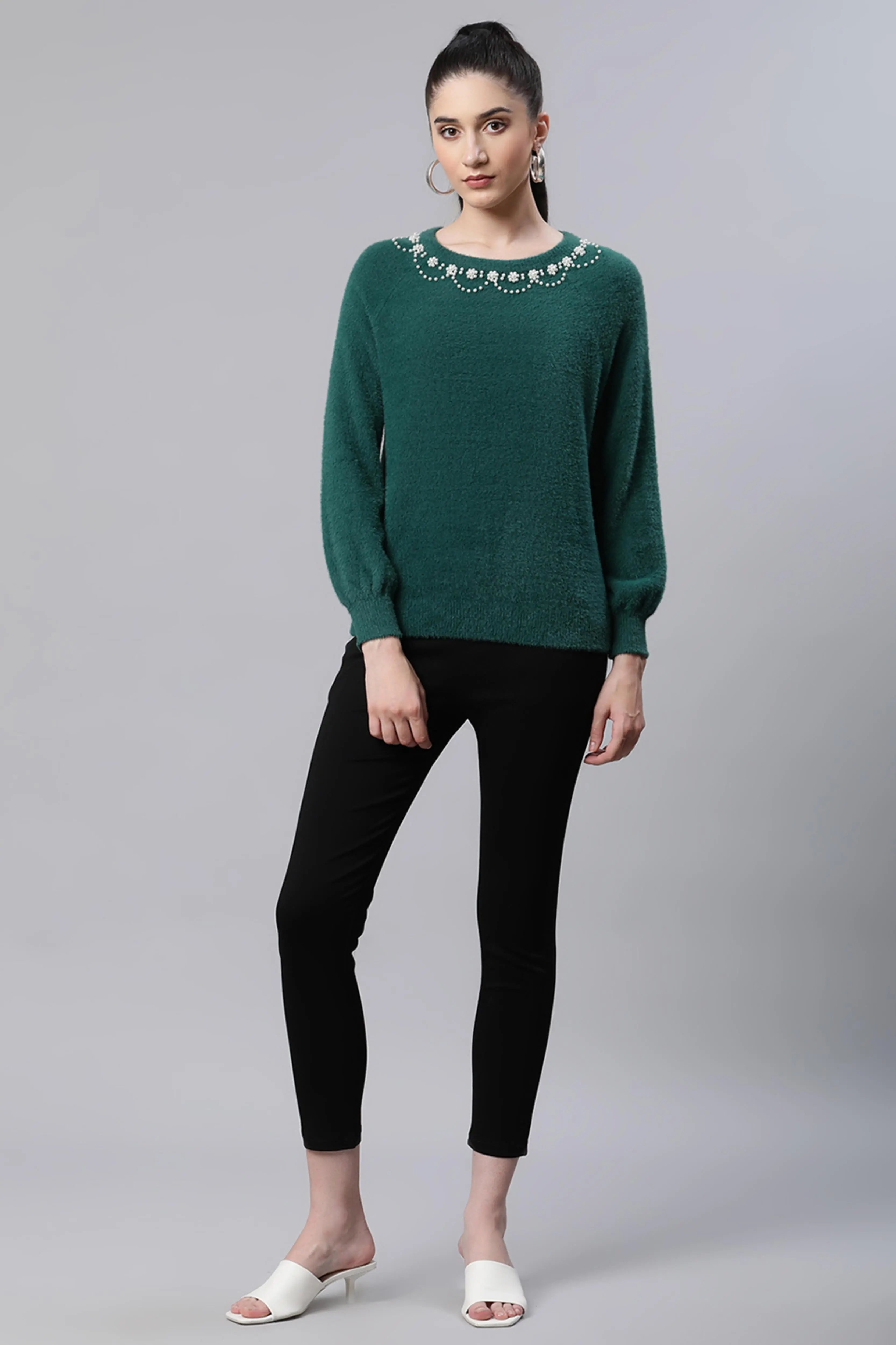 Green Embellished Woolen Loose Pullover - Global Republic