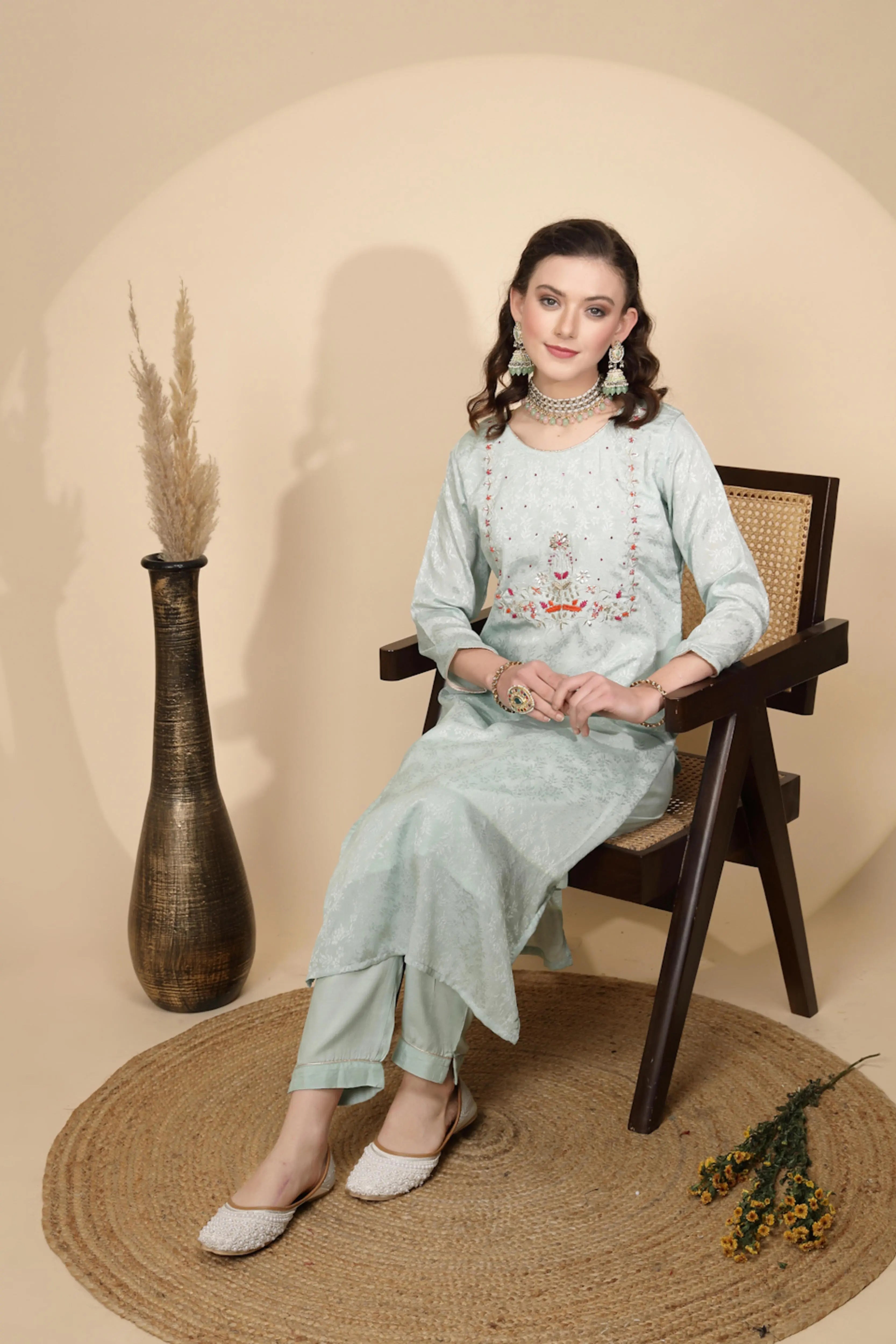 Sage Green  Silk Kurta Set - Global Republic