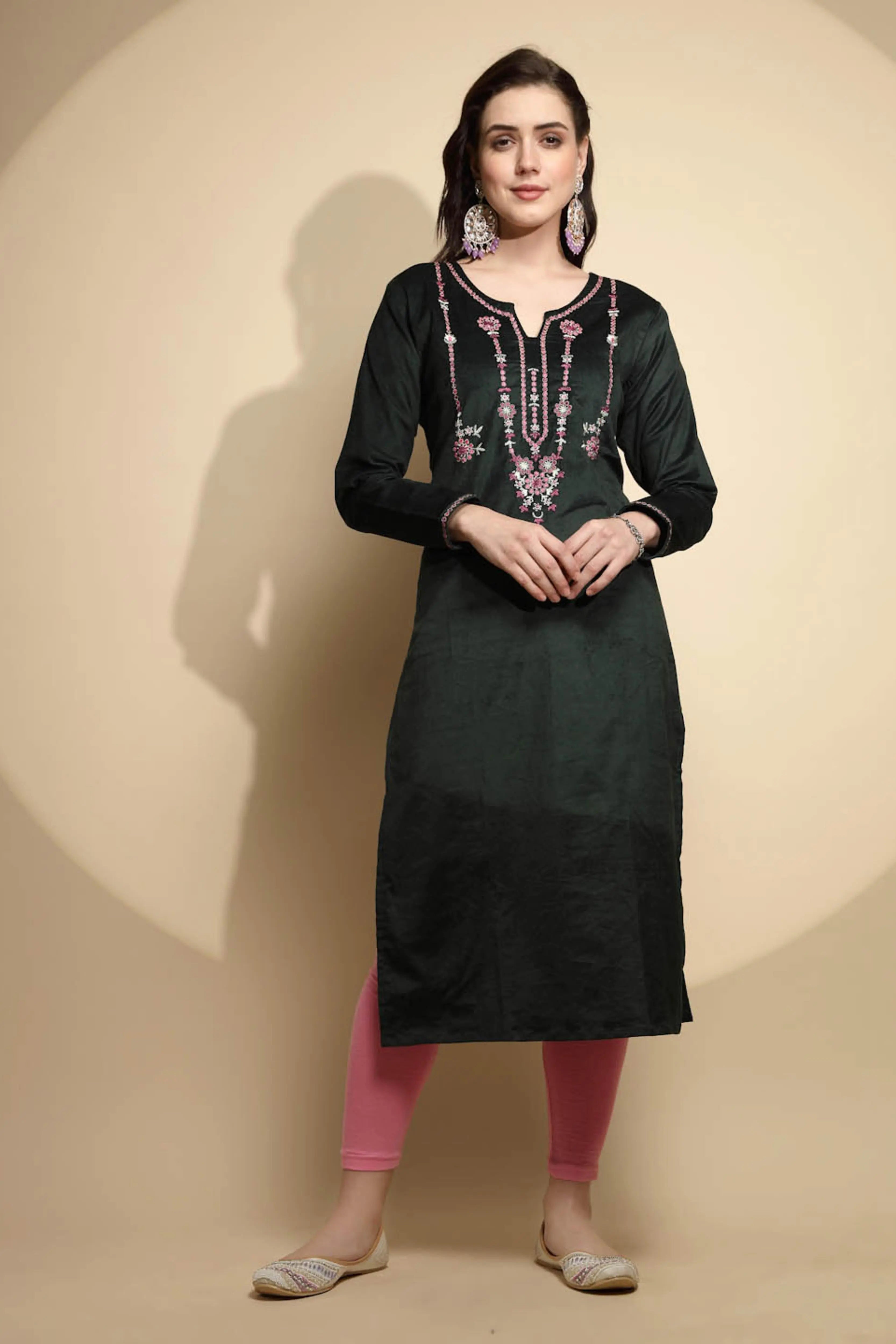 Olive Embellished Cotton Kurta - Global Republic