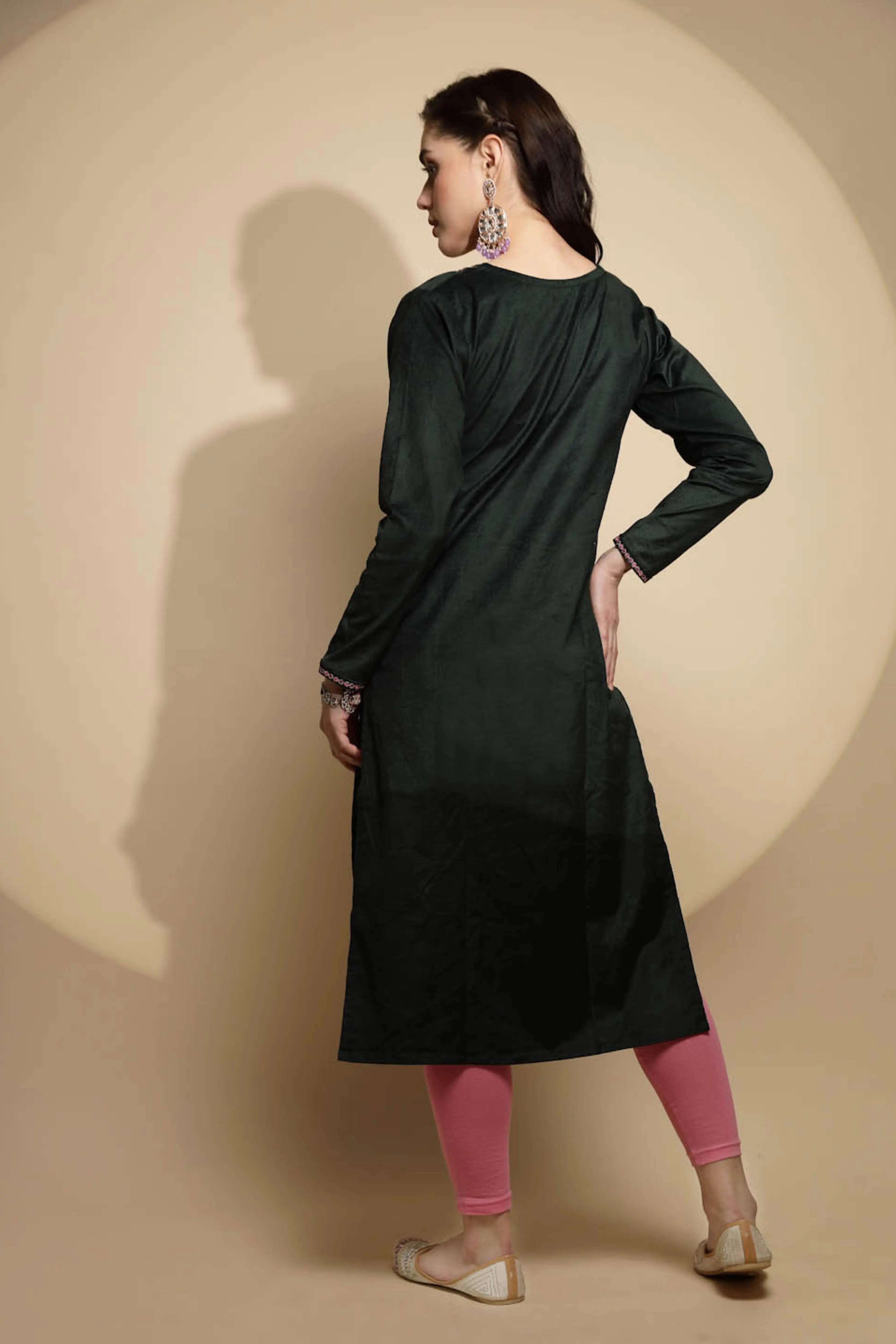 Olive Embellished Cotton Kurta - Global Republic