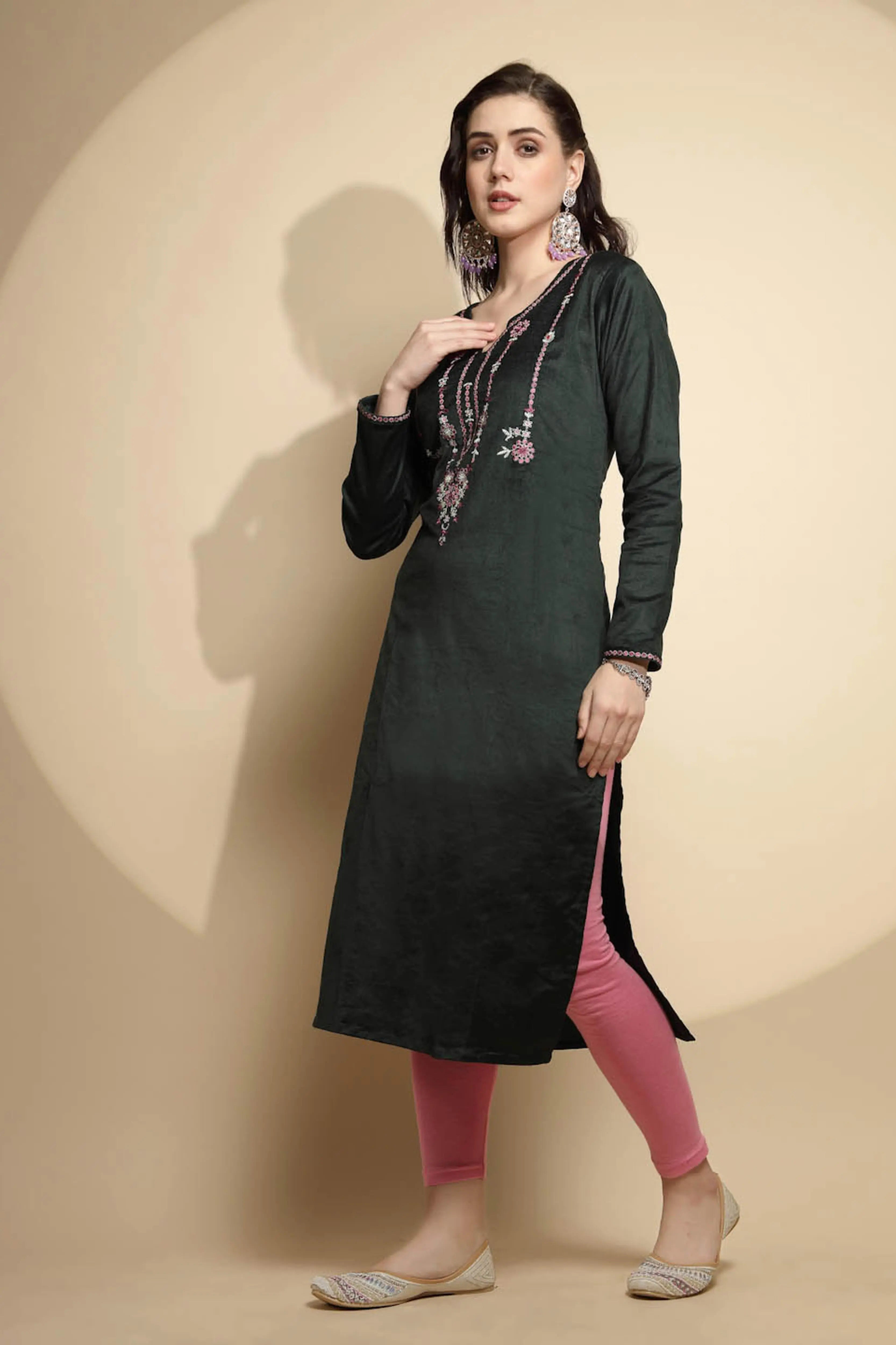 Olive Embellished Cotton Kurta - Global Republic