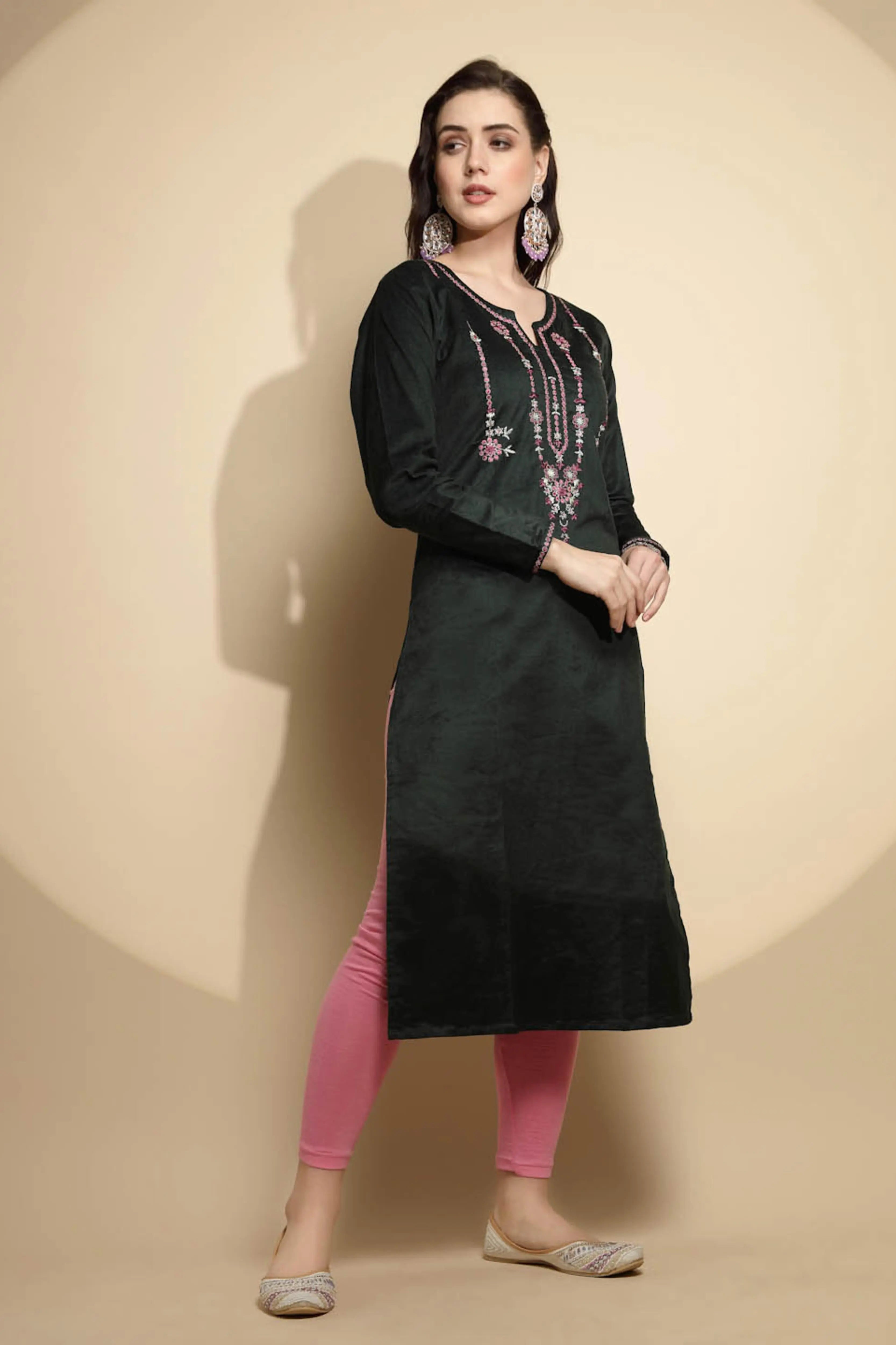 Olive Embellished Cotton Kurta - Global Republic