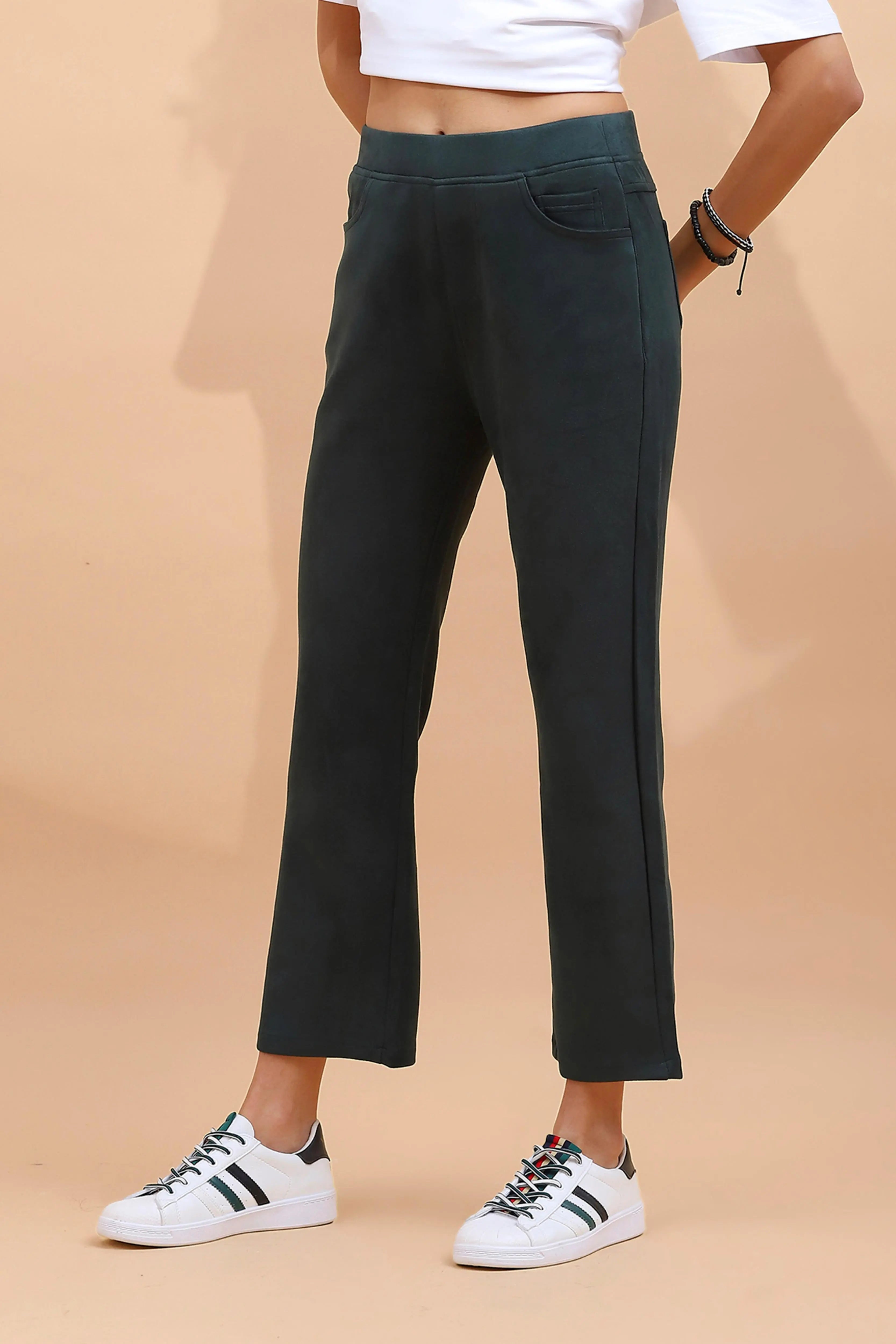 Green Solid Straight Fit Suede Jegging - Global Republic