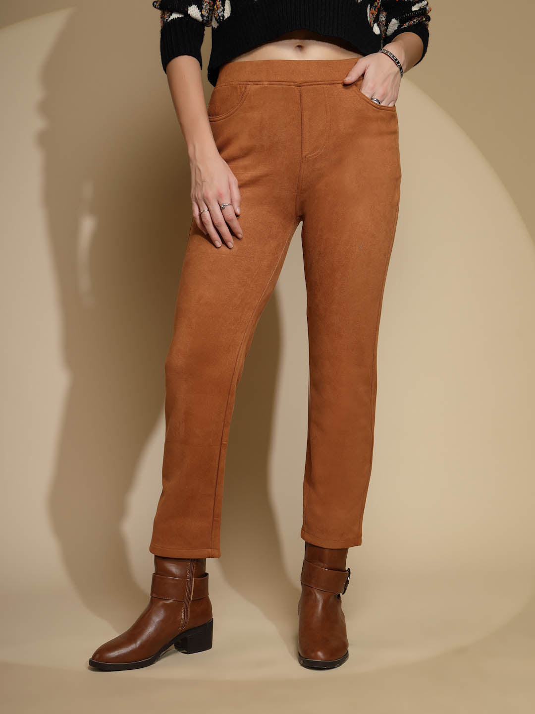 Women Tan Straight-Fit Suede Cropped Jegging