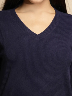 Blue Solid Full Sleeve V- Neck Polyester Night Suit