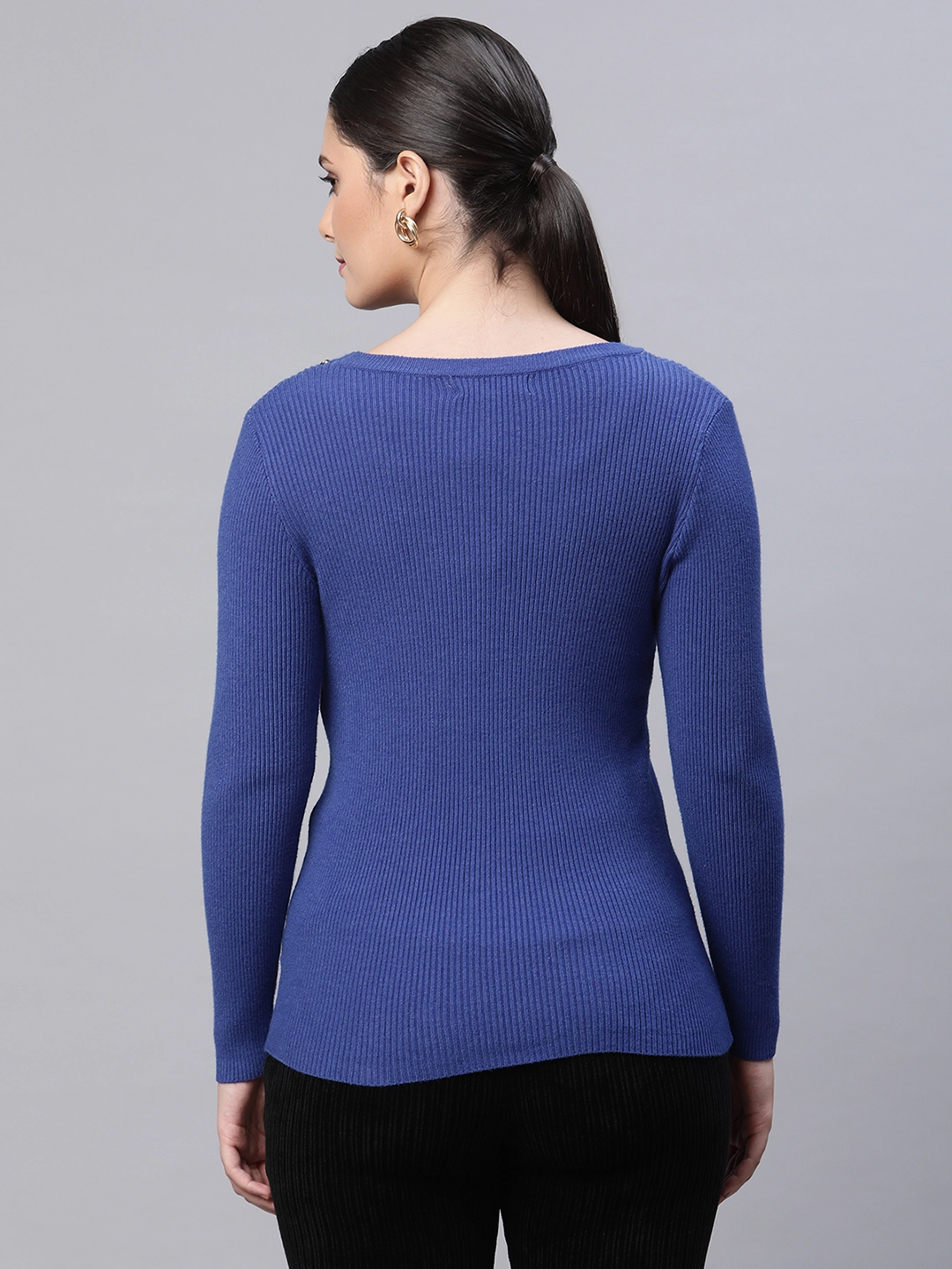 Women Round Neck Ribbed Hem Full Sleeves Royal Blue  Knitted Pullover