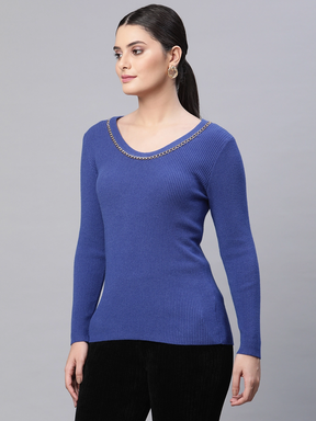 Blue Solid Knitted Pullover