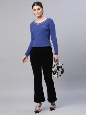 Blue Solid Knitted Pullover