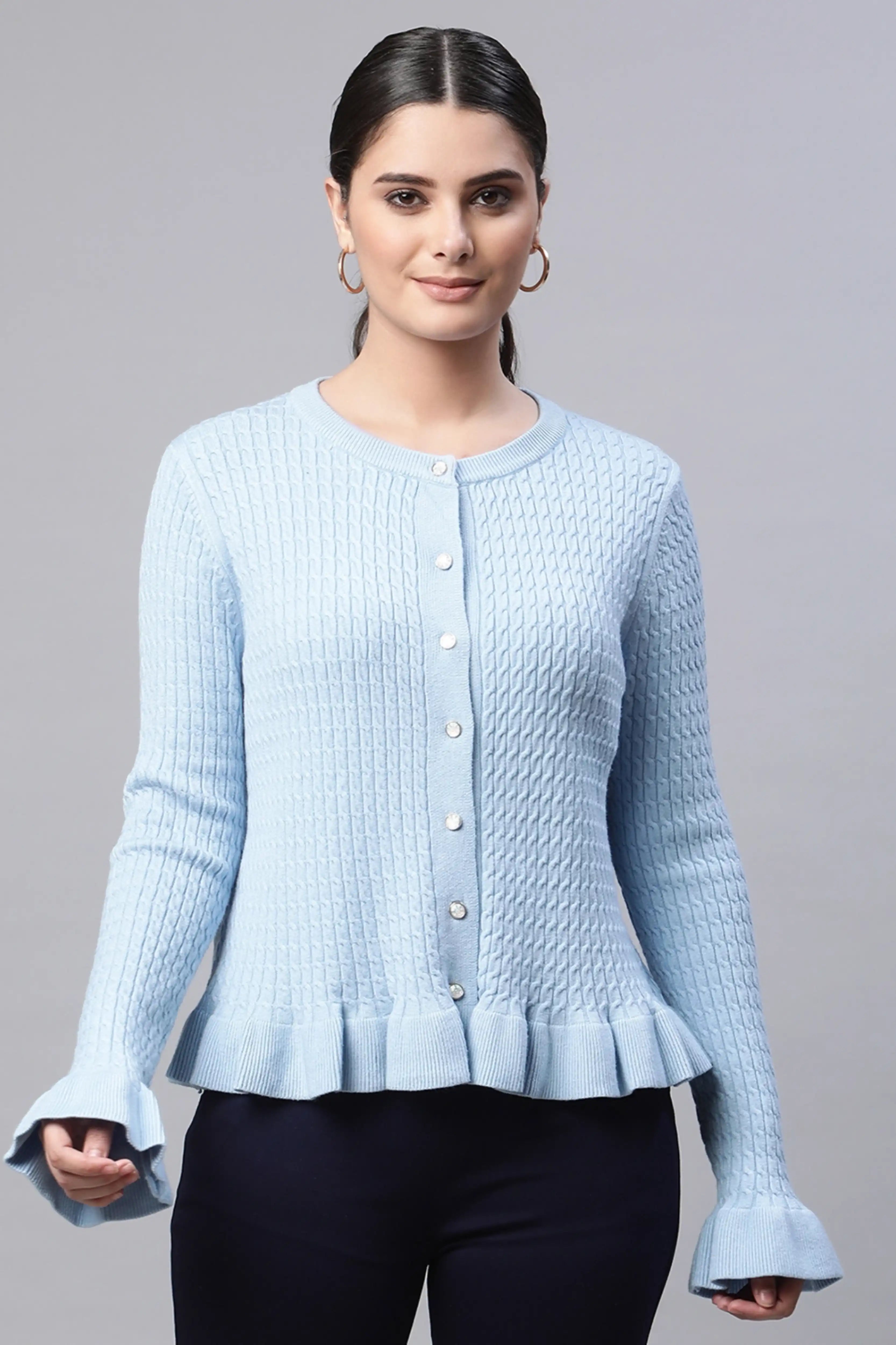 Blue Ruffled Hem Knitted Pullover