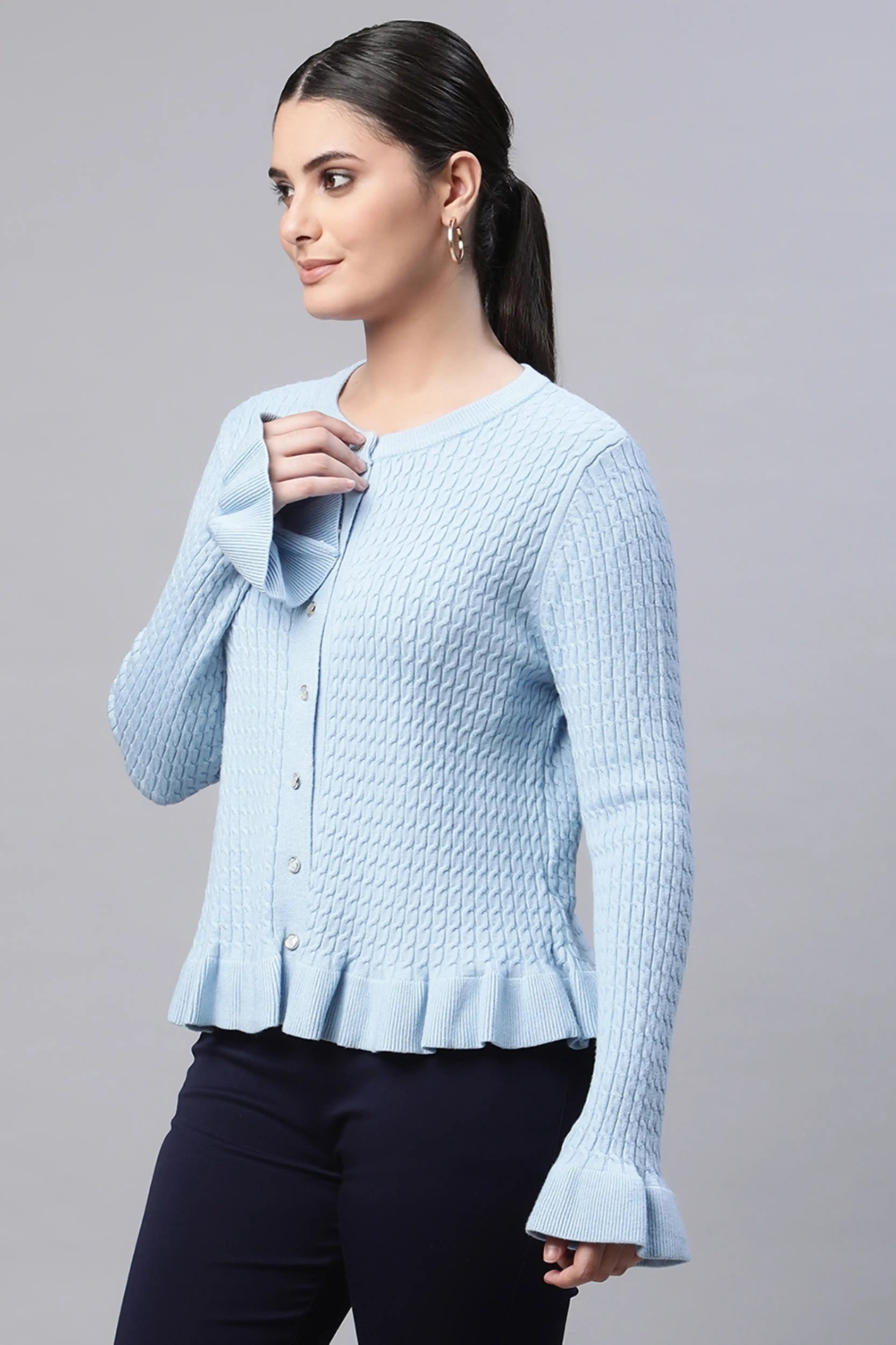 Blue Ruffled Hem Knitted Pullover