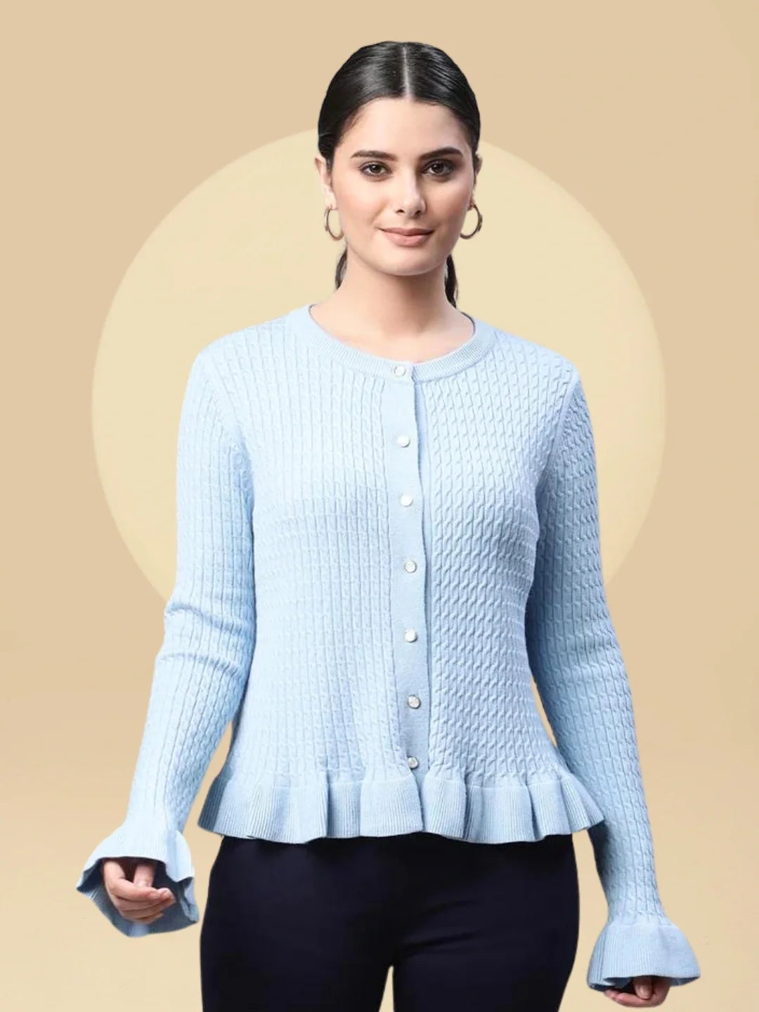 Blue Ruffled Hem Knitted Pullover