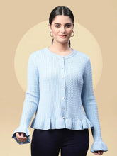 Blue Ruffled Hem Knitted Pullover