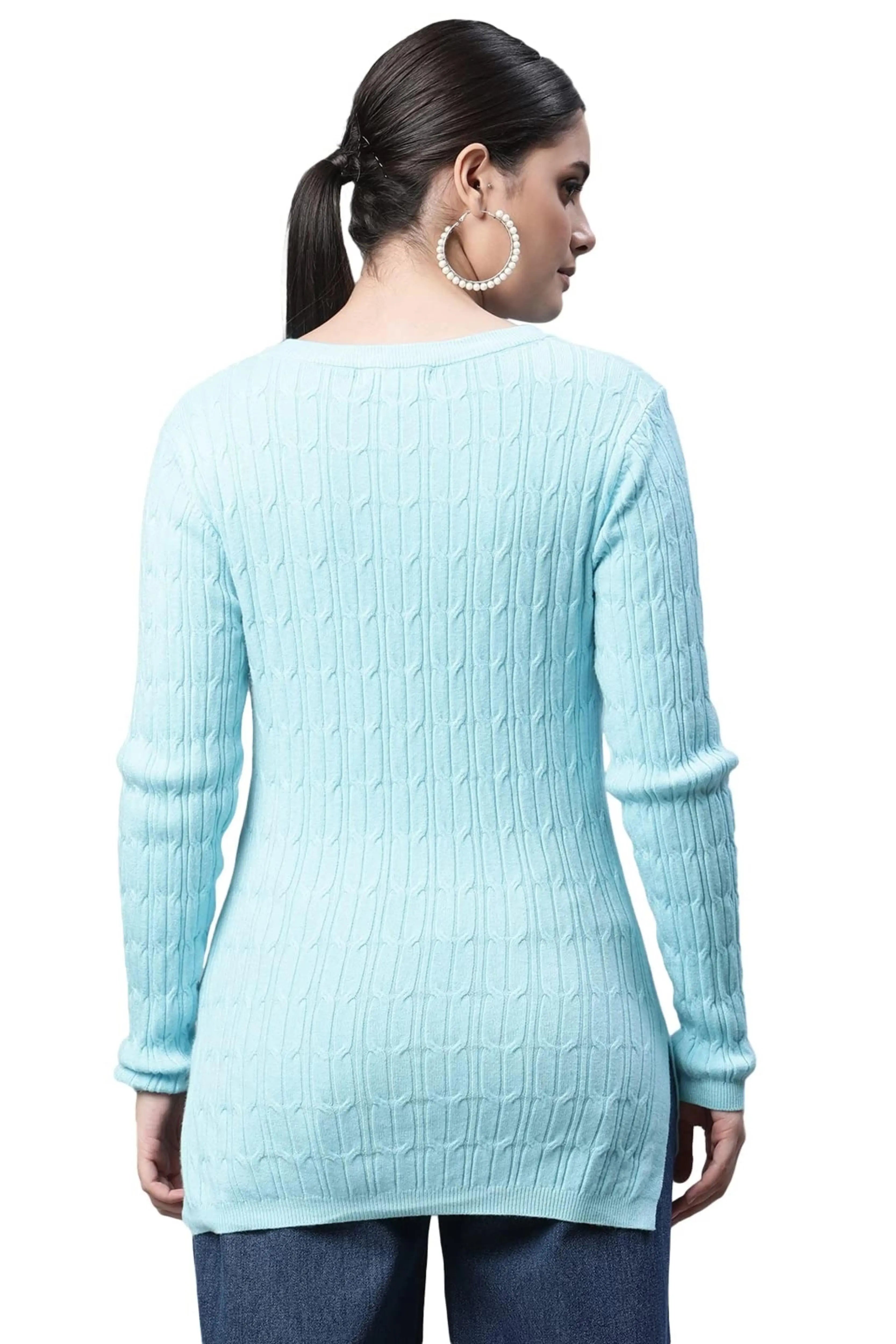 Women V-Neck Elongated Hem Blue Jacquard Regular Fit Pullover - Global Republic
