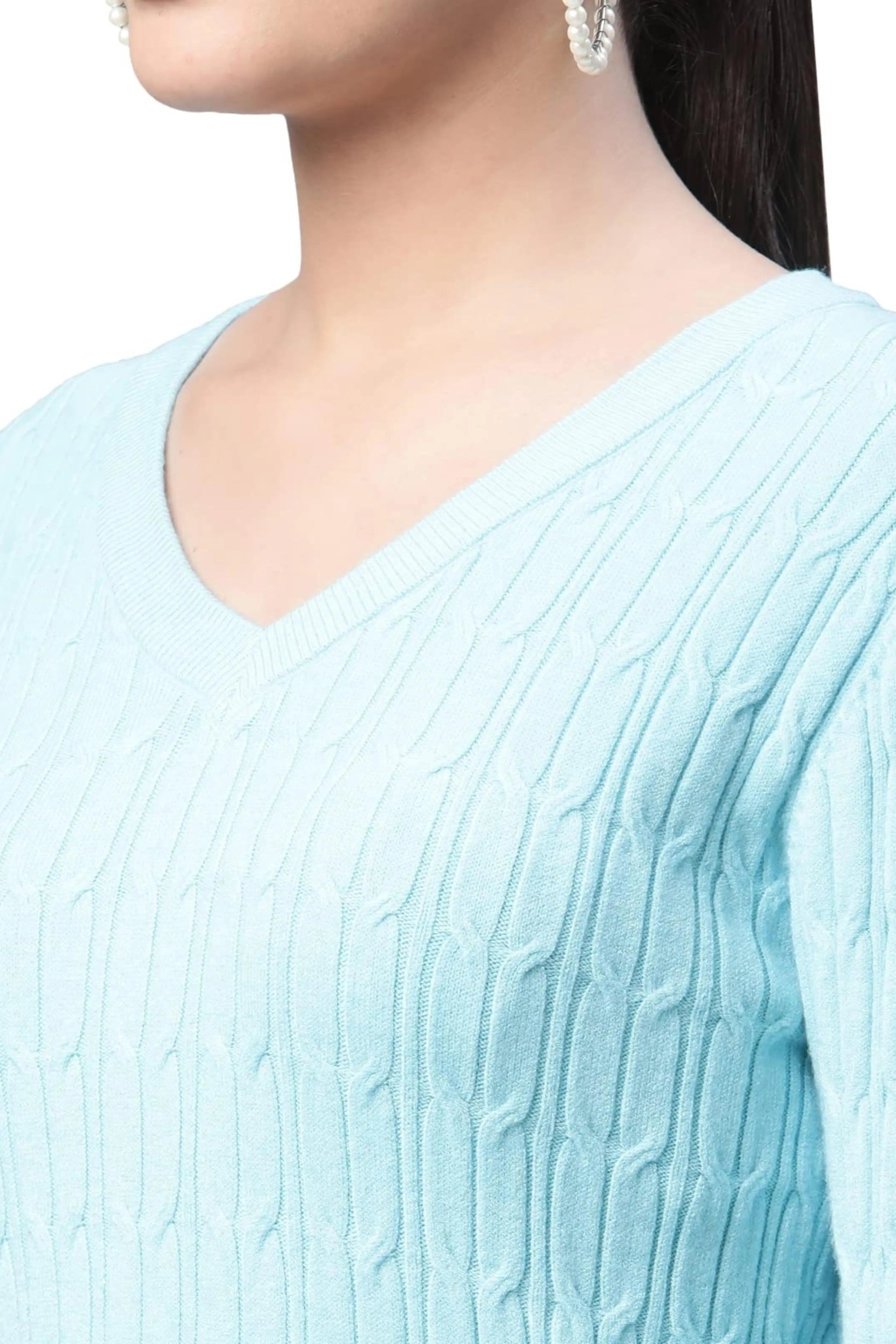 V-Neck Elongated Hem Blue Jacquard Regular Fit Pullover - Global Republic