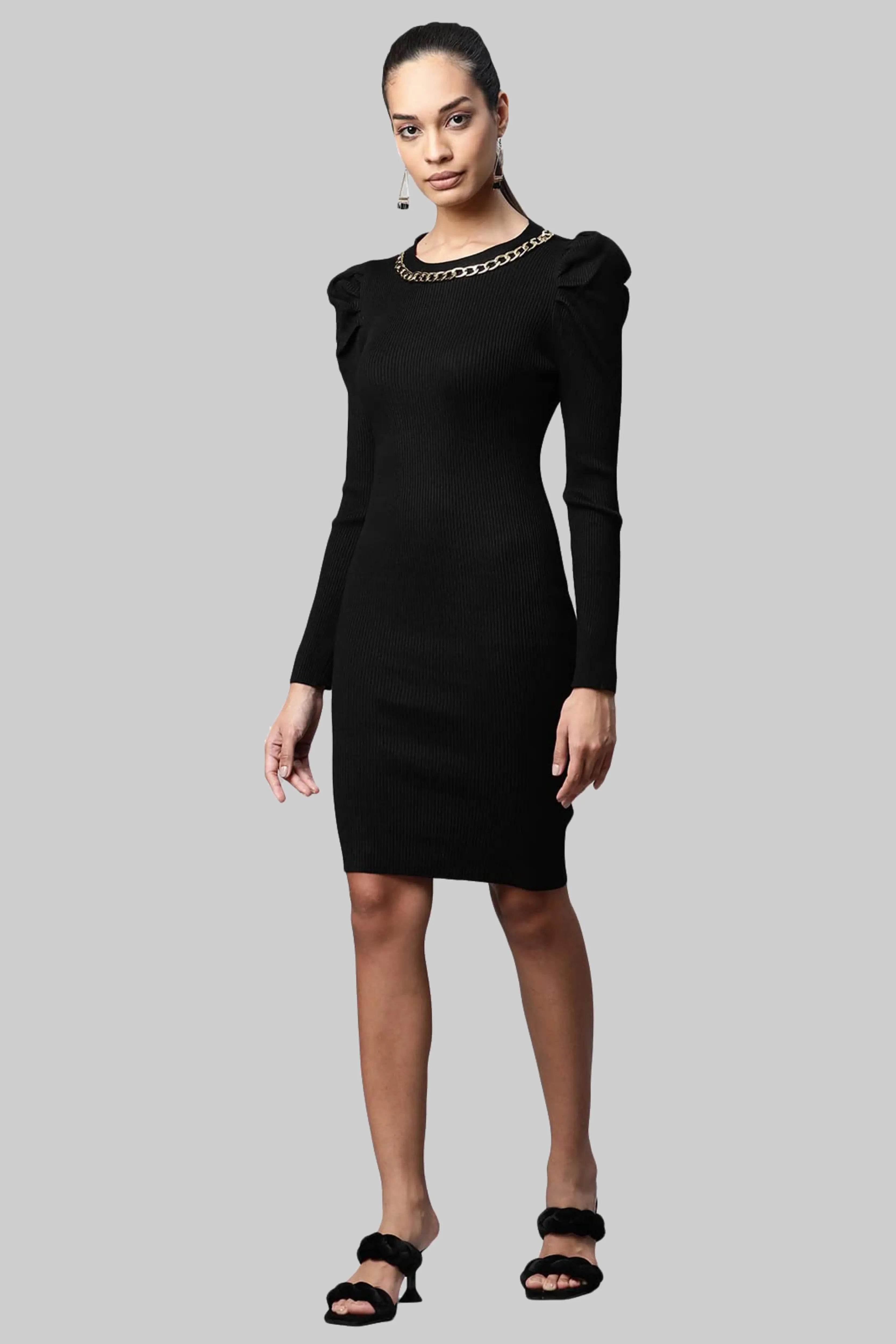 women black gold chain deep back viscose bodycon dress