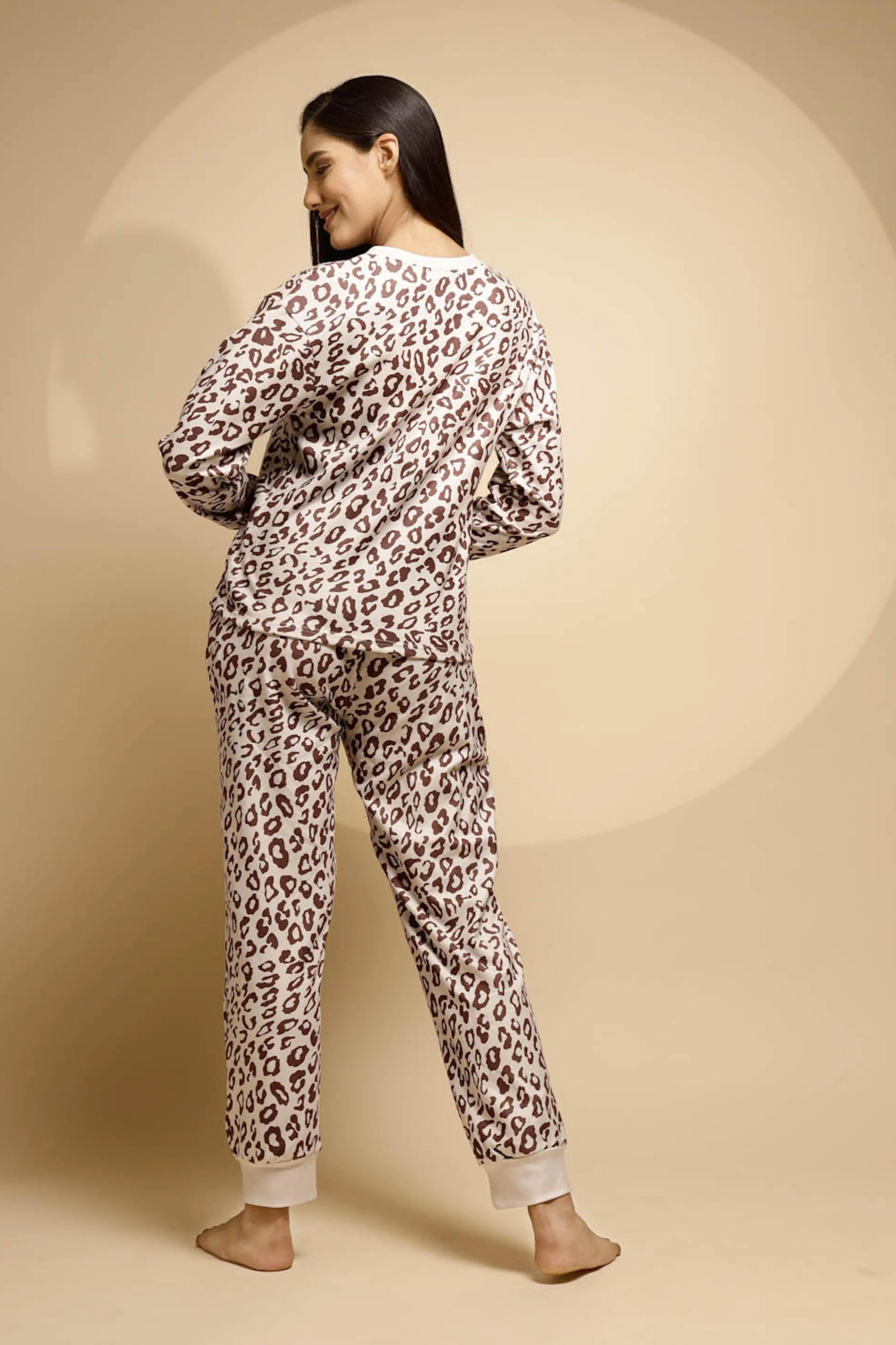 Brown Printed Full Sleeve Round Neck Night Suit - Global Republic