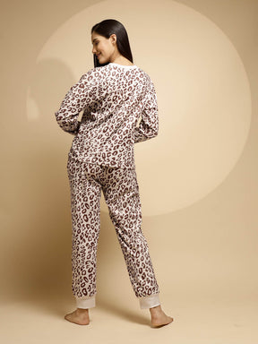 Brown Printed Full Sleeve Round Neck Night Suit