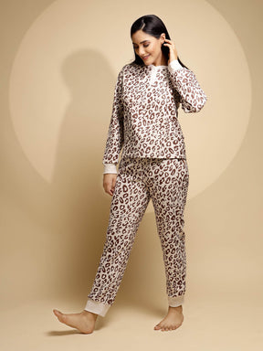 Brown Printed Full Sleeve Round Neck Night Suit