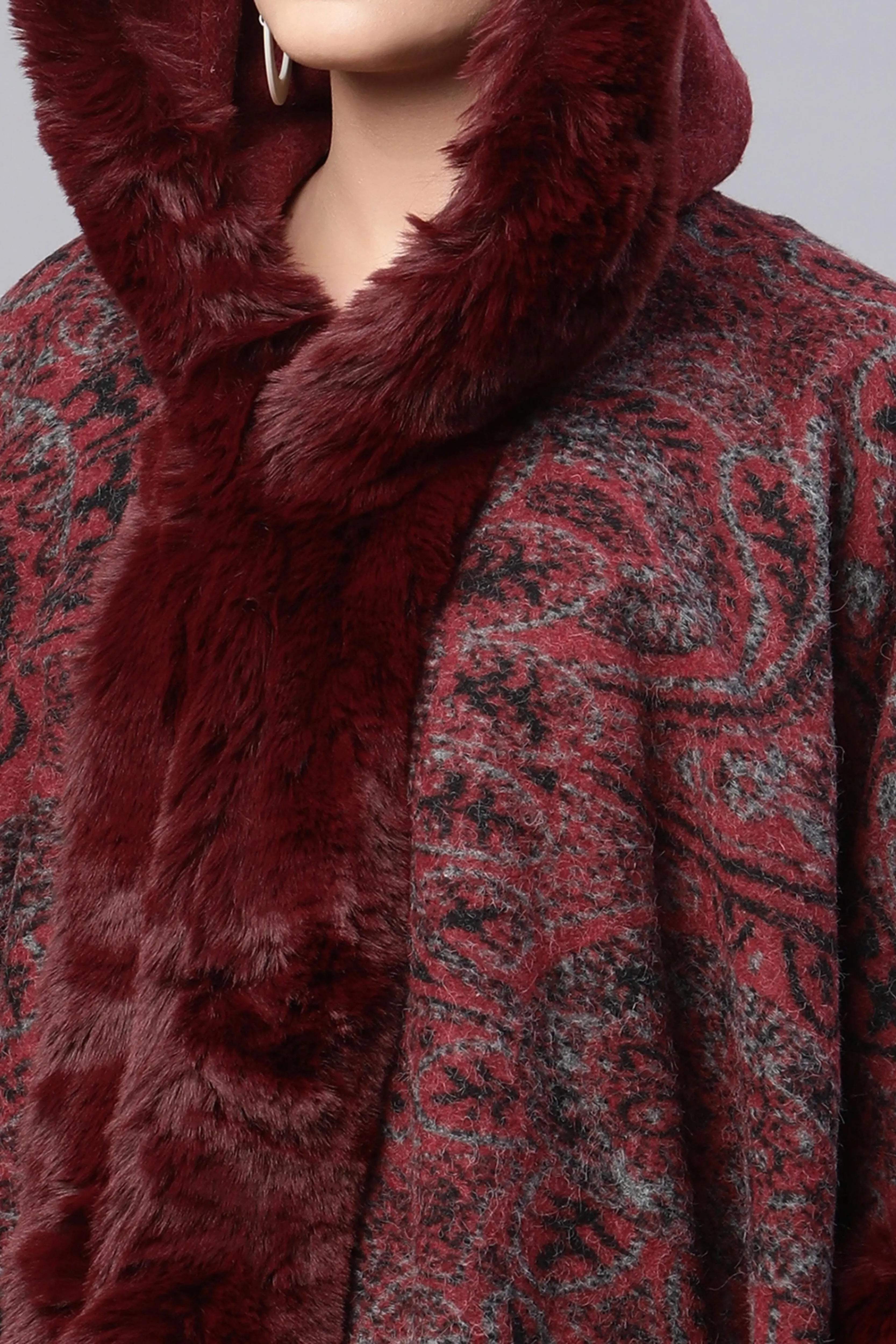Maroon Hooded Printed Loose Fit Acrylic Cape - Global Republic