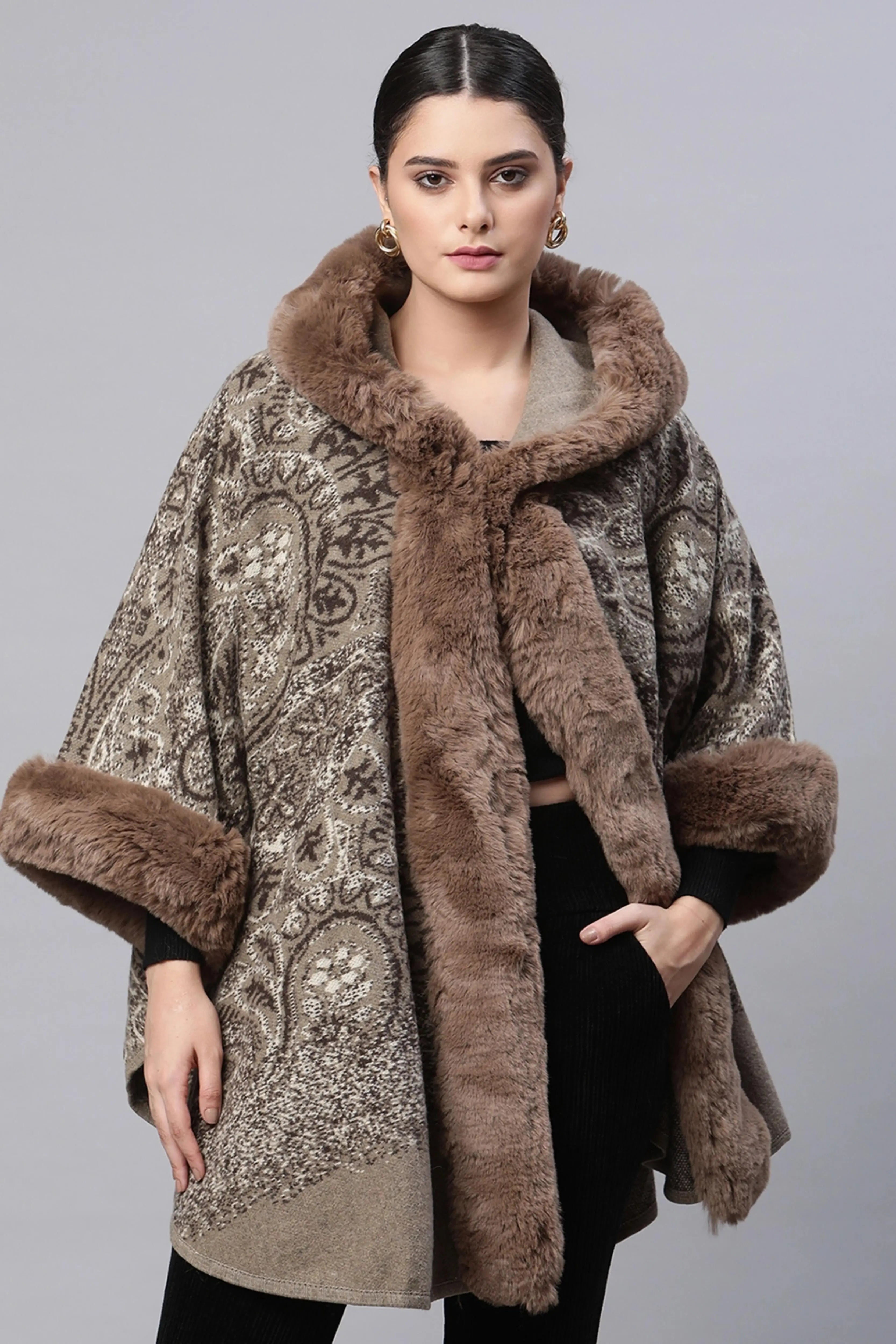 Brown Printed Loose Fit Acrylic Cape