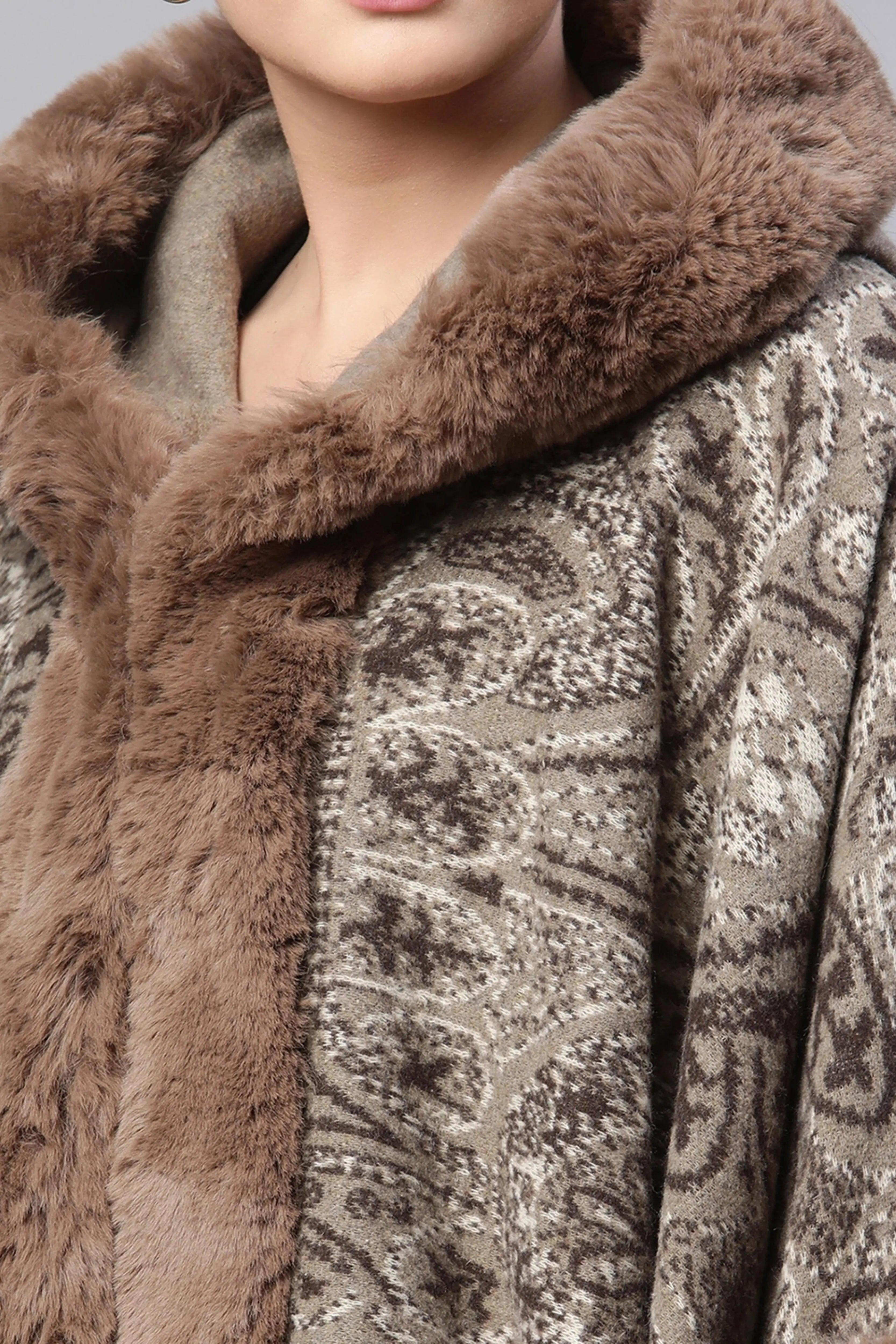 Women Brown Hooded Printed Acrylic Cape - Global Republic