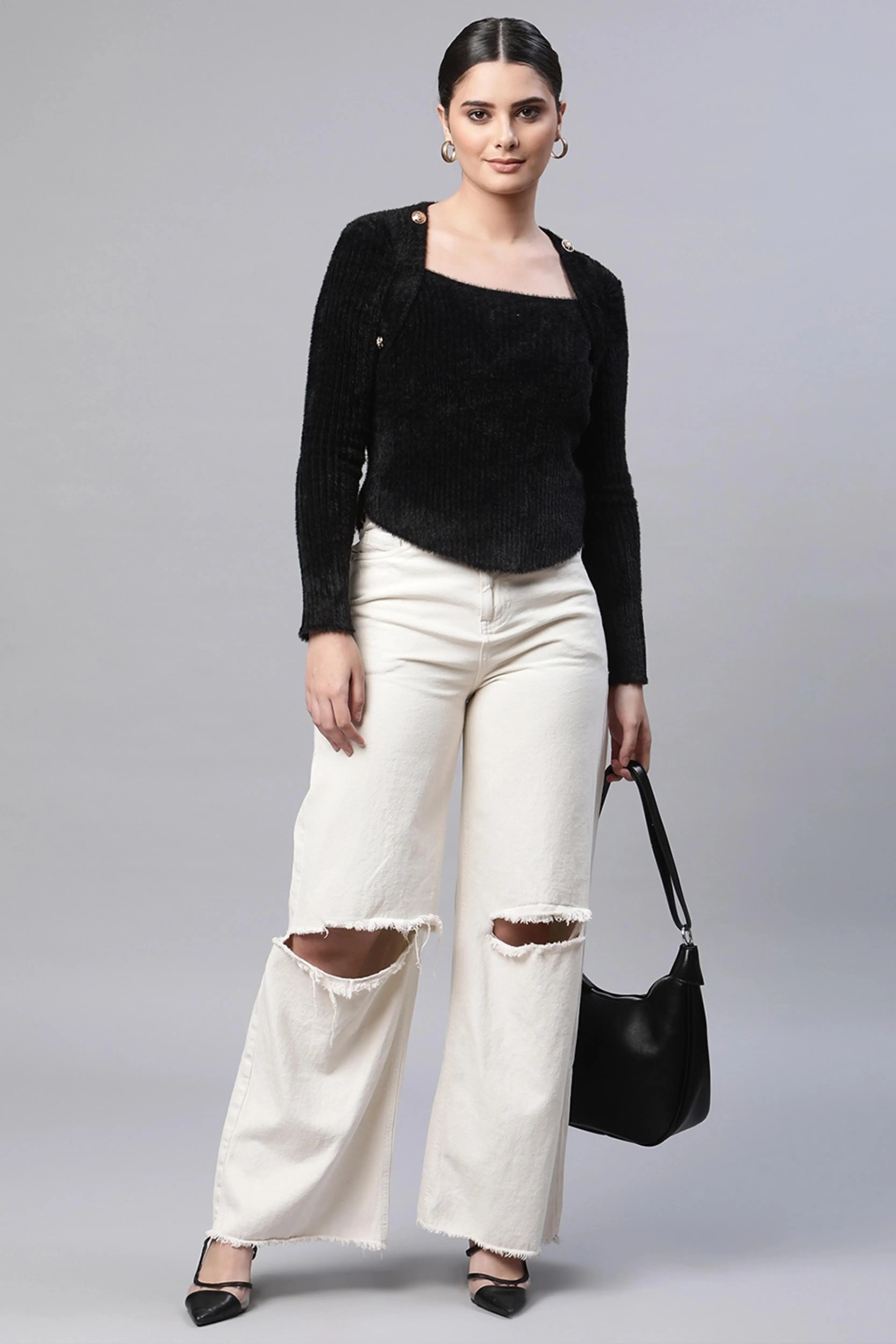 Black Square Neck Acrylic Pullover - Global Republic