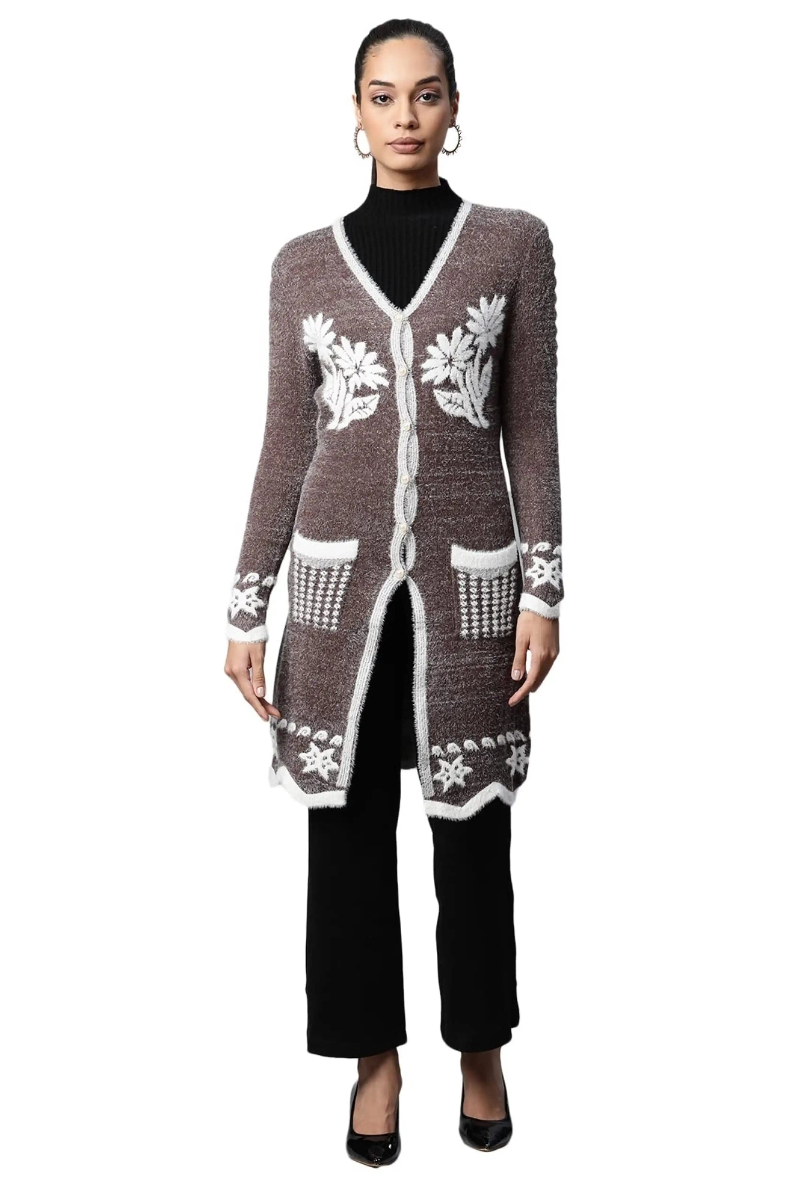 Coffee Wool Blend Embroidered Cardigan