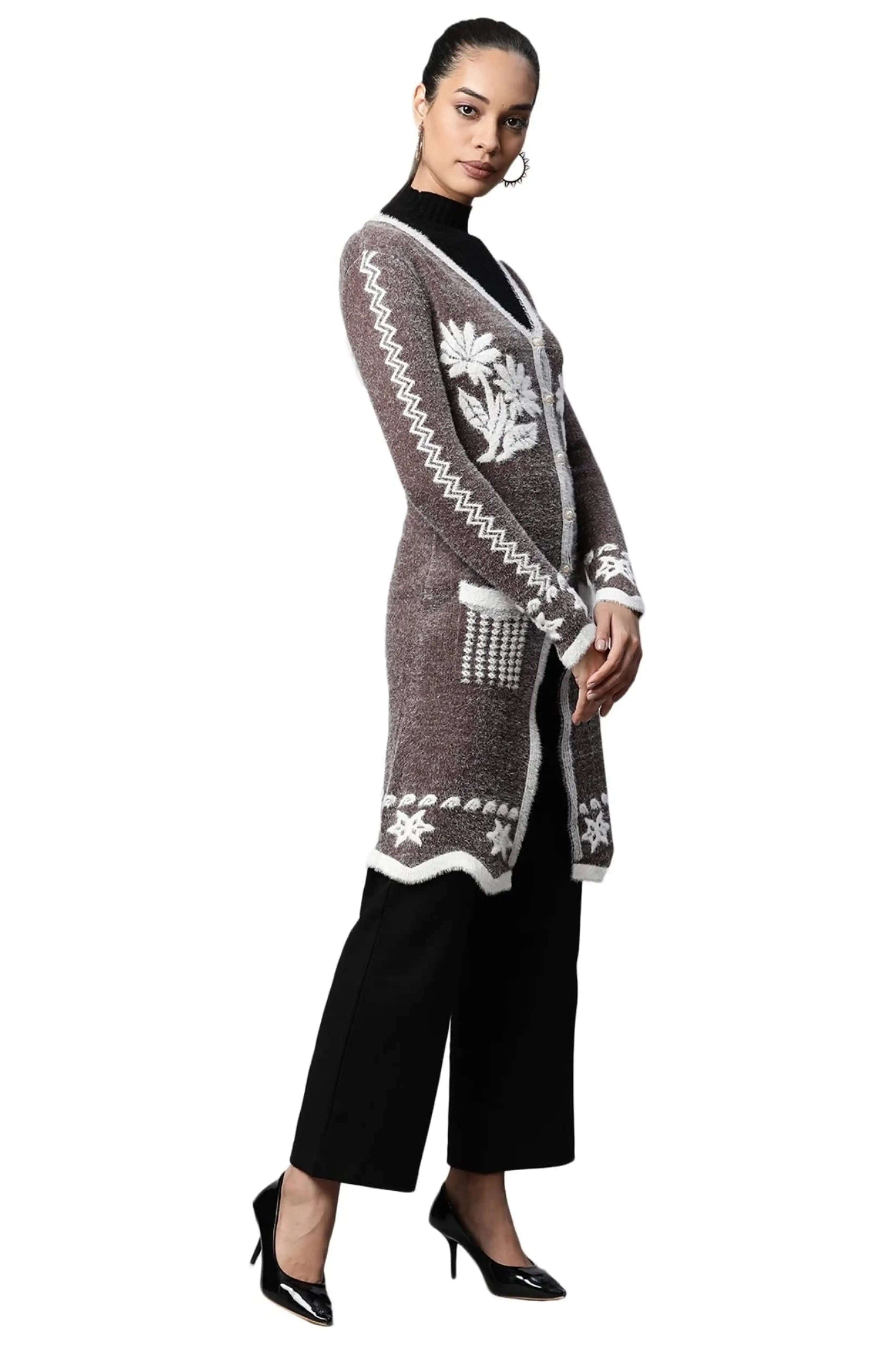 Coffee Wool Blend Embroidered Cardigan