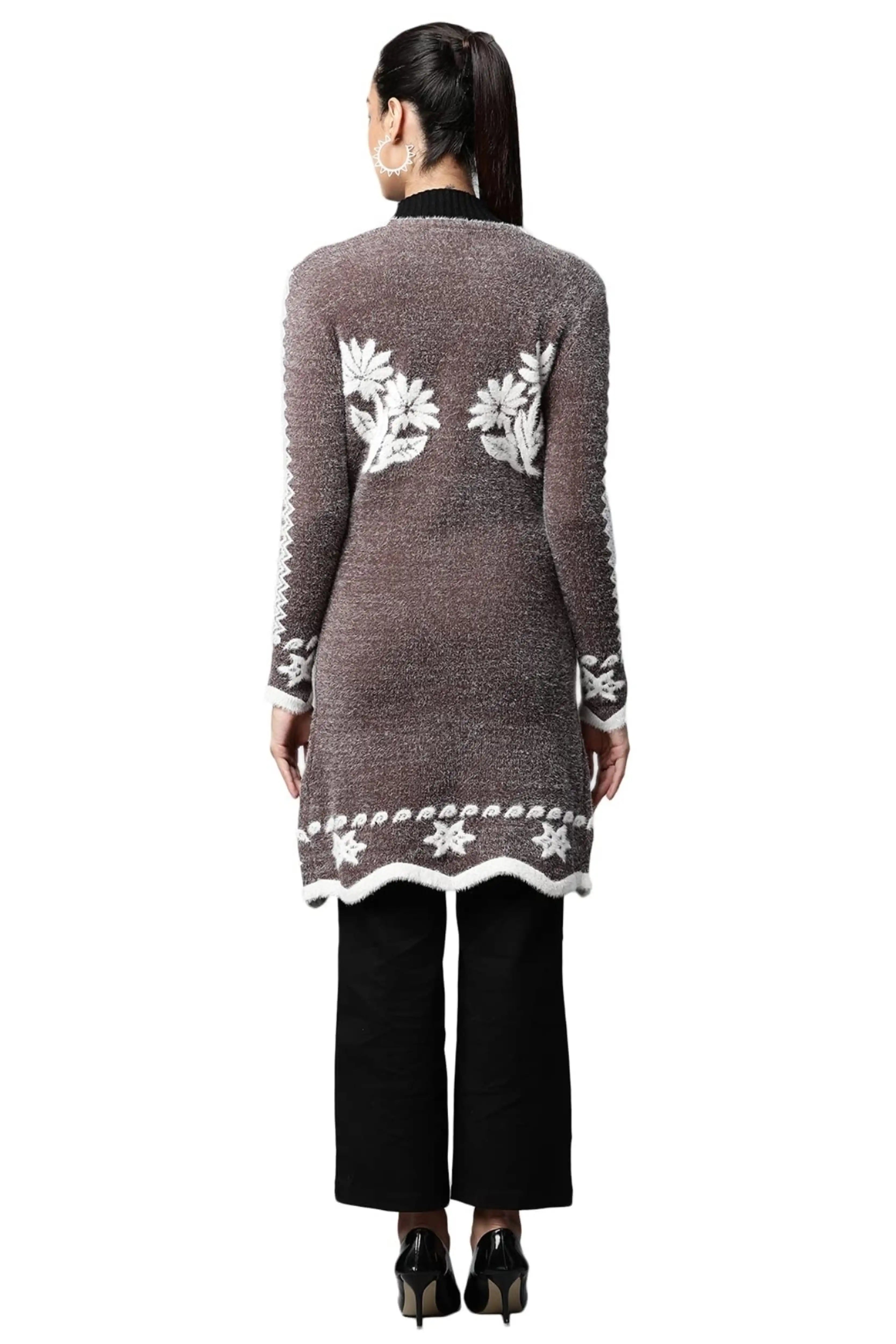 Coffee Wool Blend Embroidered Cardigan