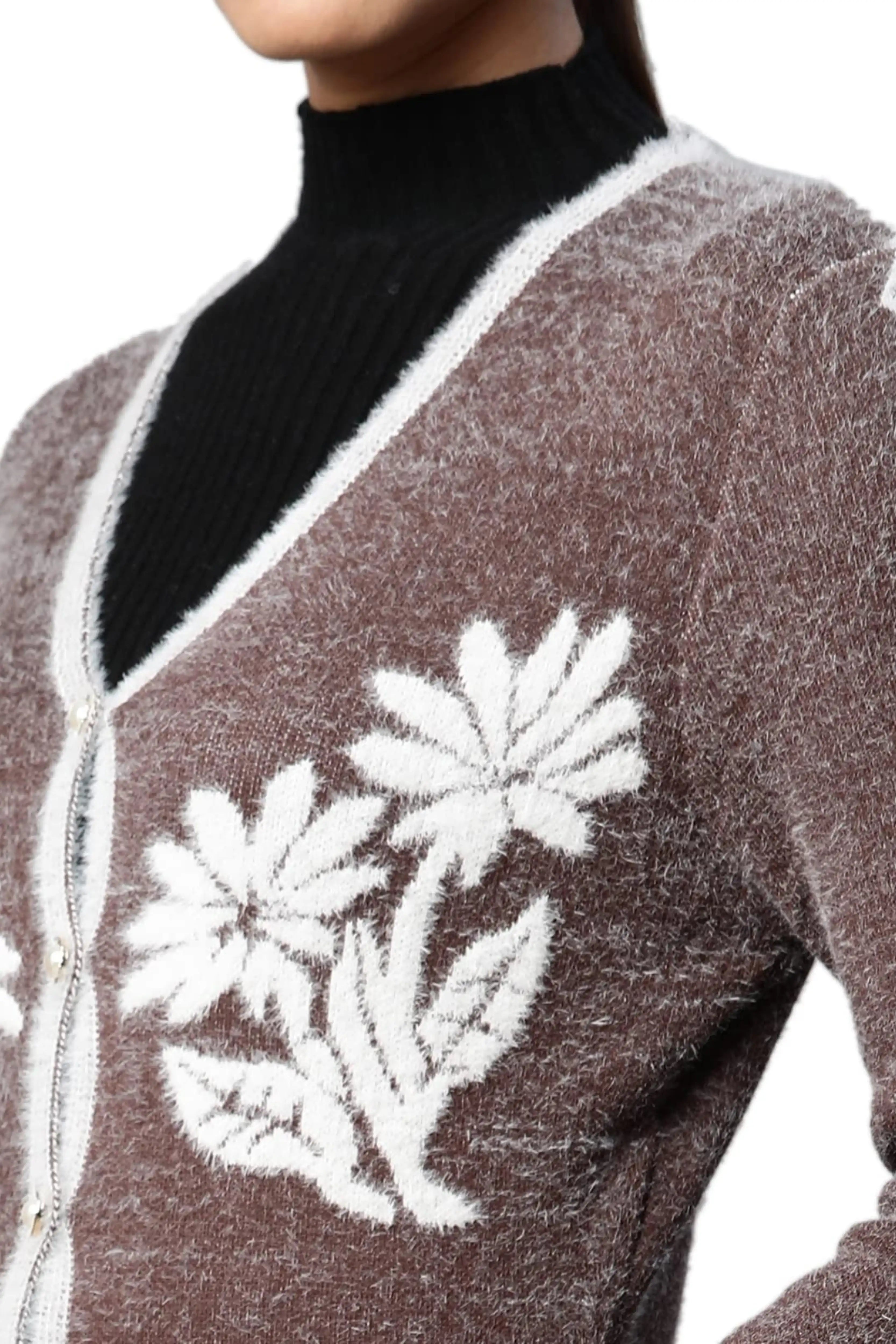 Coffee Wool Blend Embroidered Cardigan