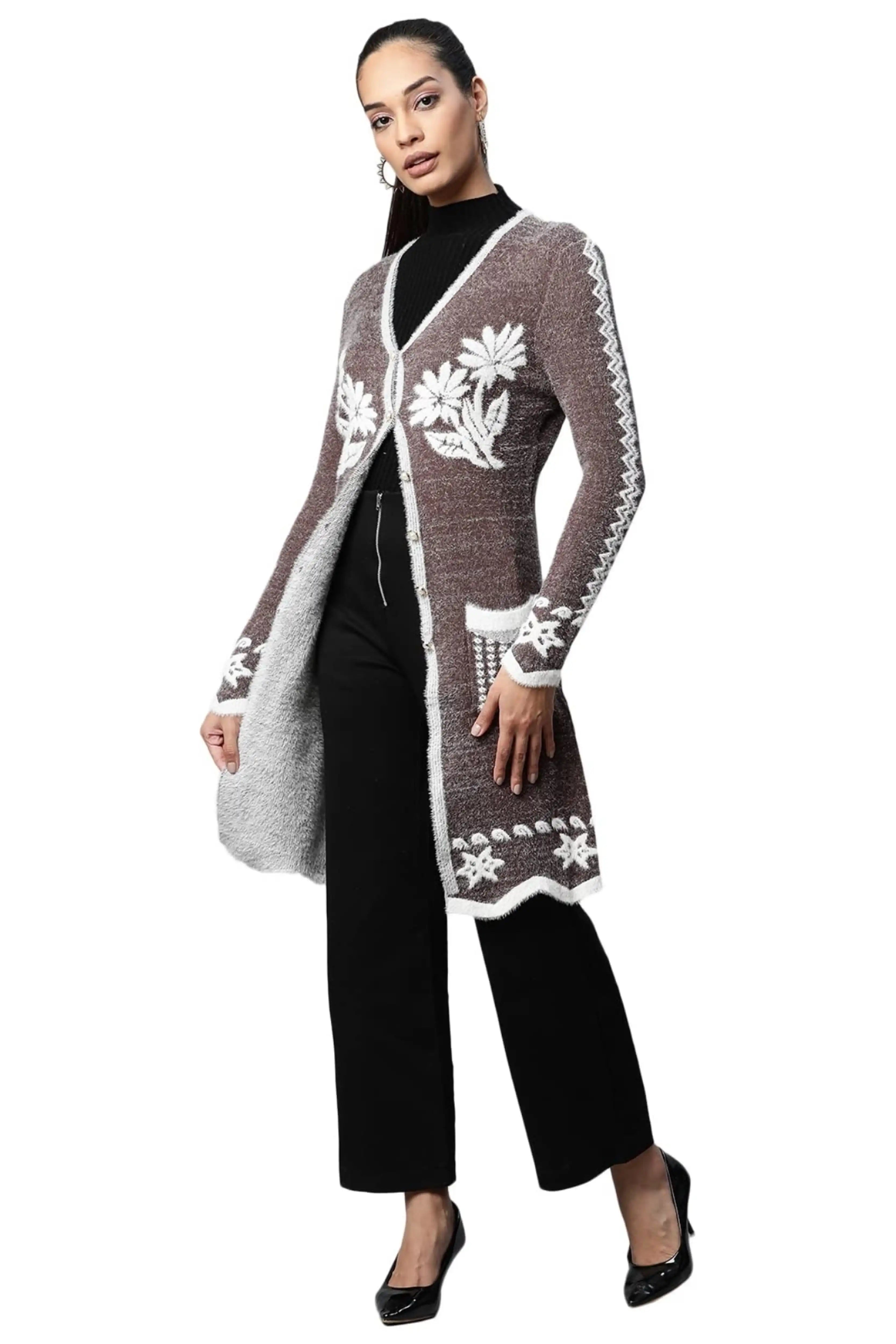 Coffee Wool Blend Embroidered Cardigan