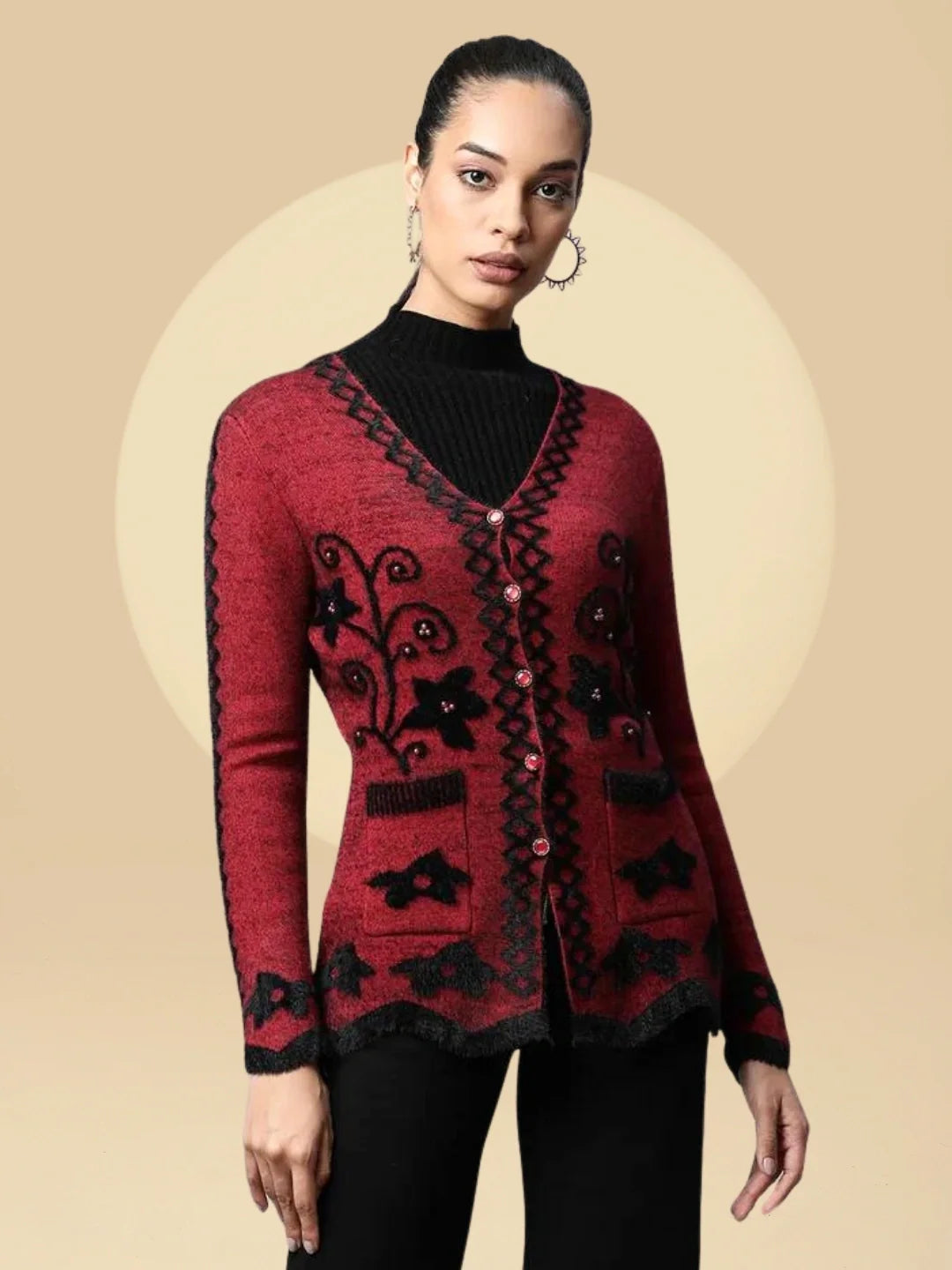 Maroon Floral Knitted Cardigan - Global Republic