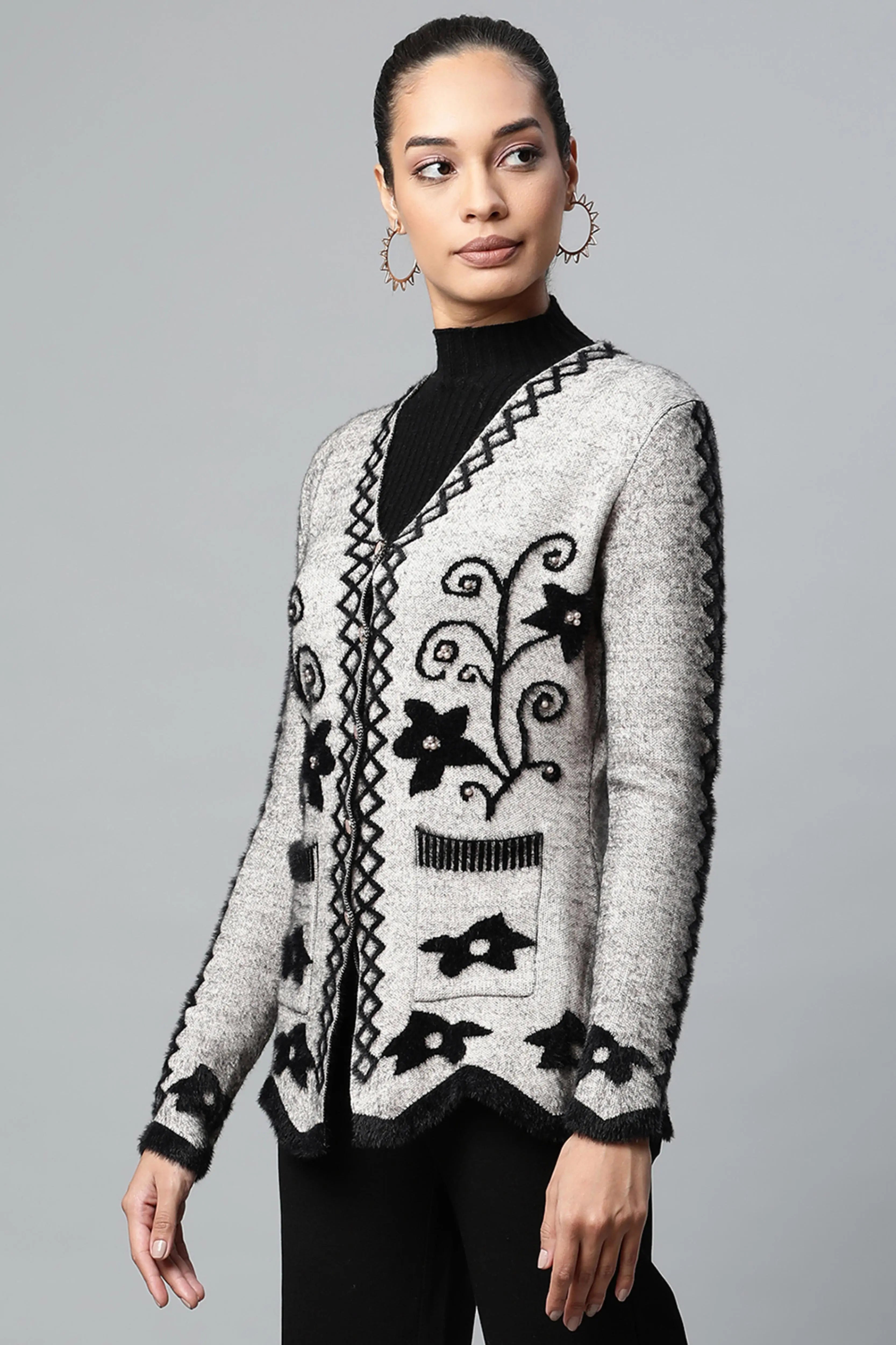 Buy Online Women Khaki V-Neck Floral Pattern Furry Jersey Cardigan