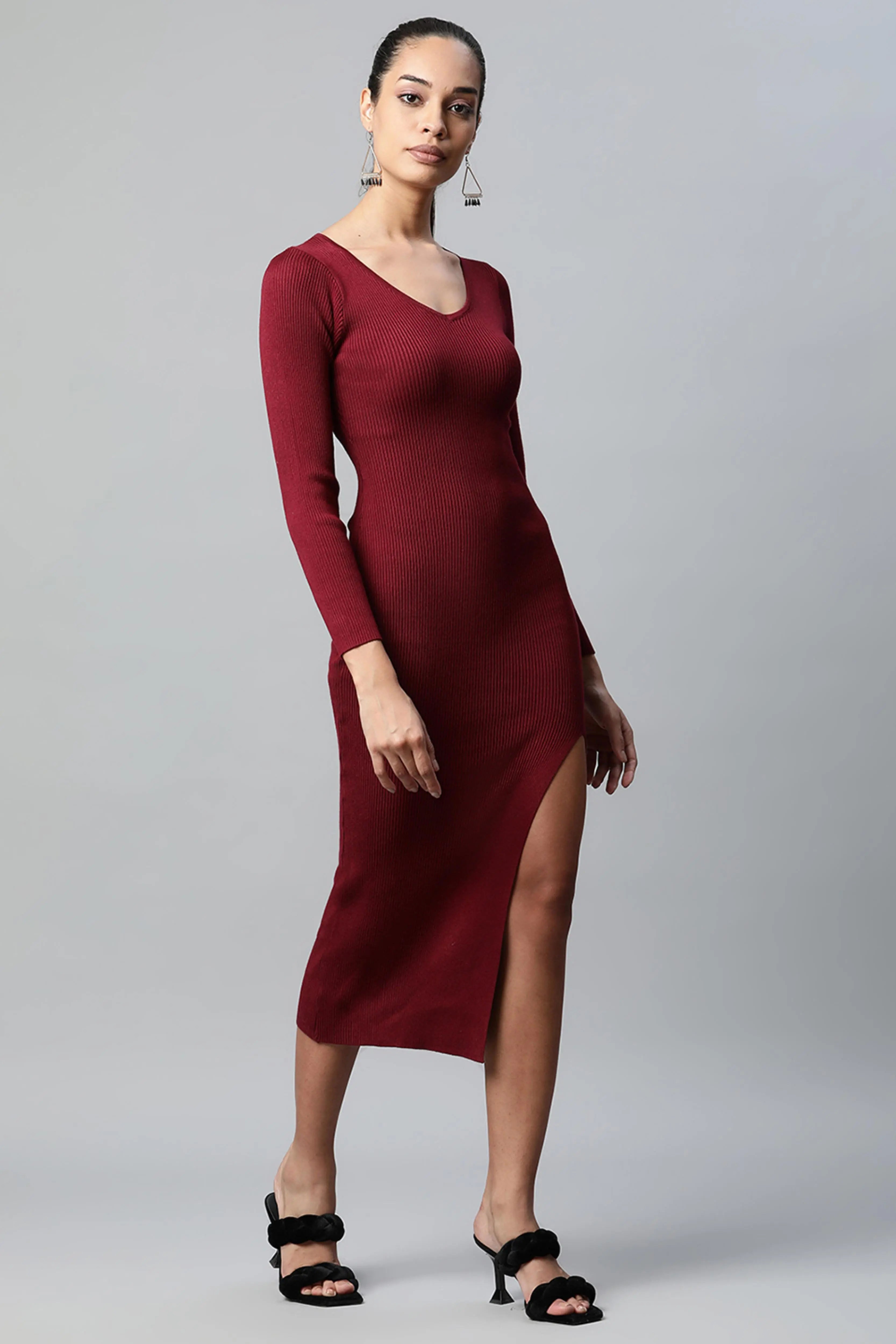 Wine Solid Viscose Dress