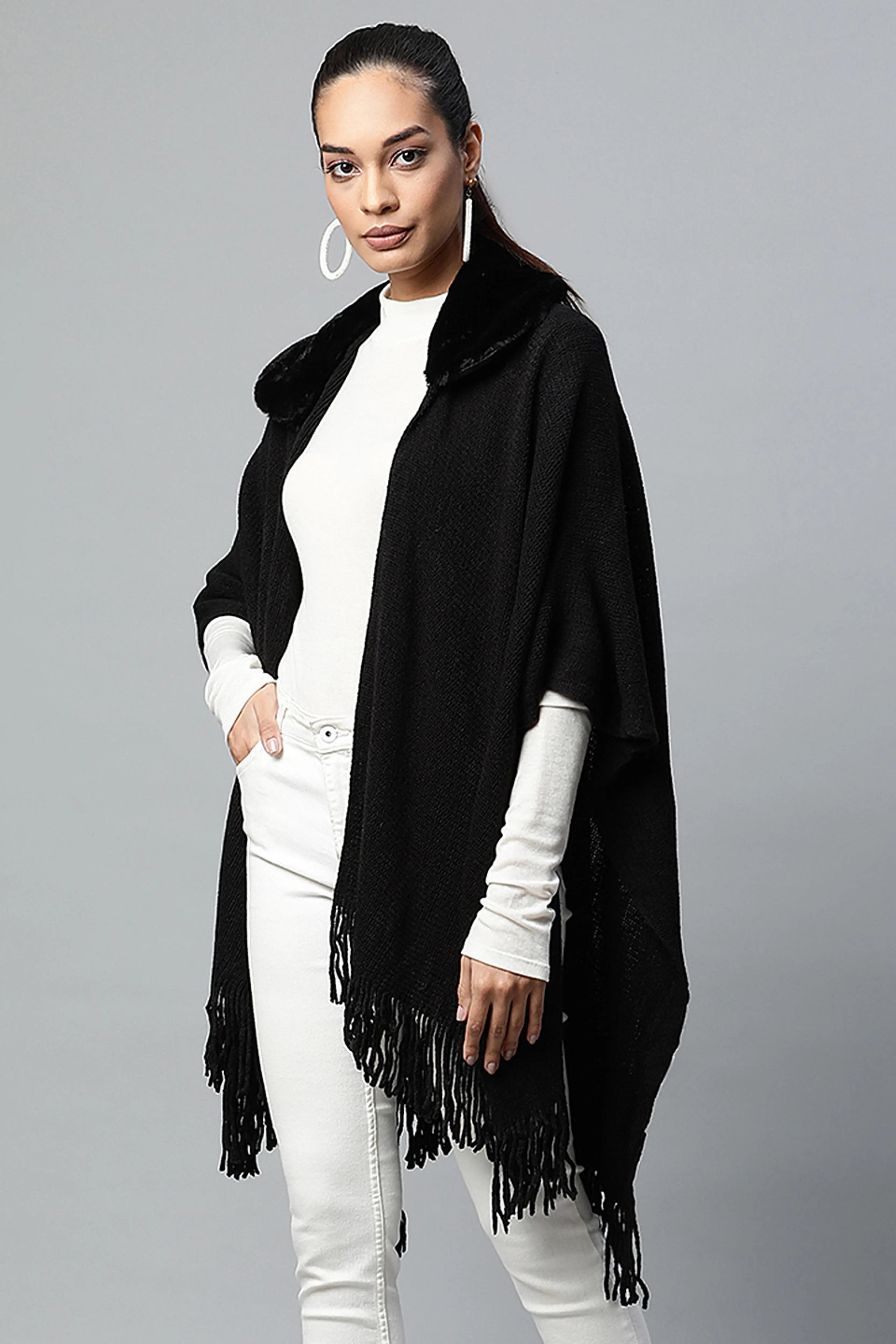 Black Round Fur Collar Continuous Cape - Global Republic