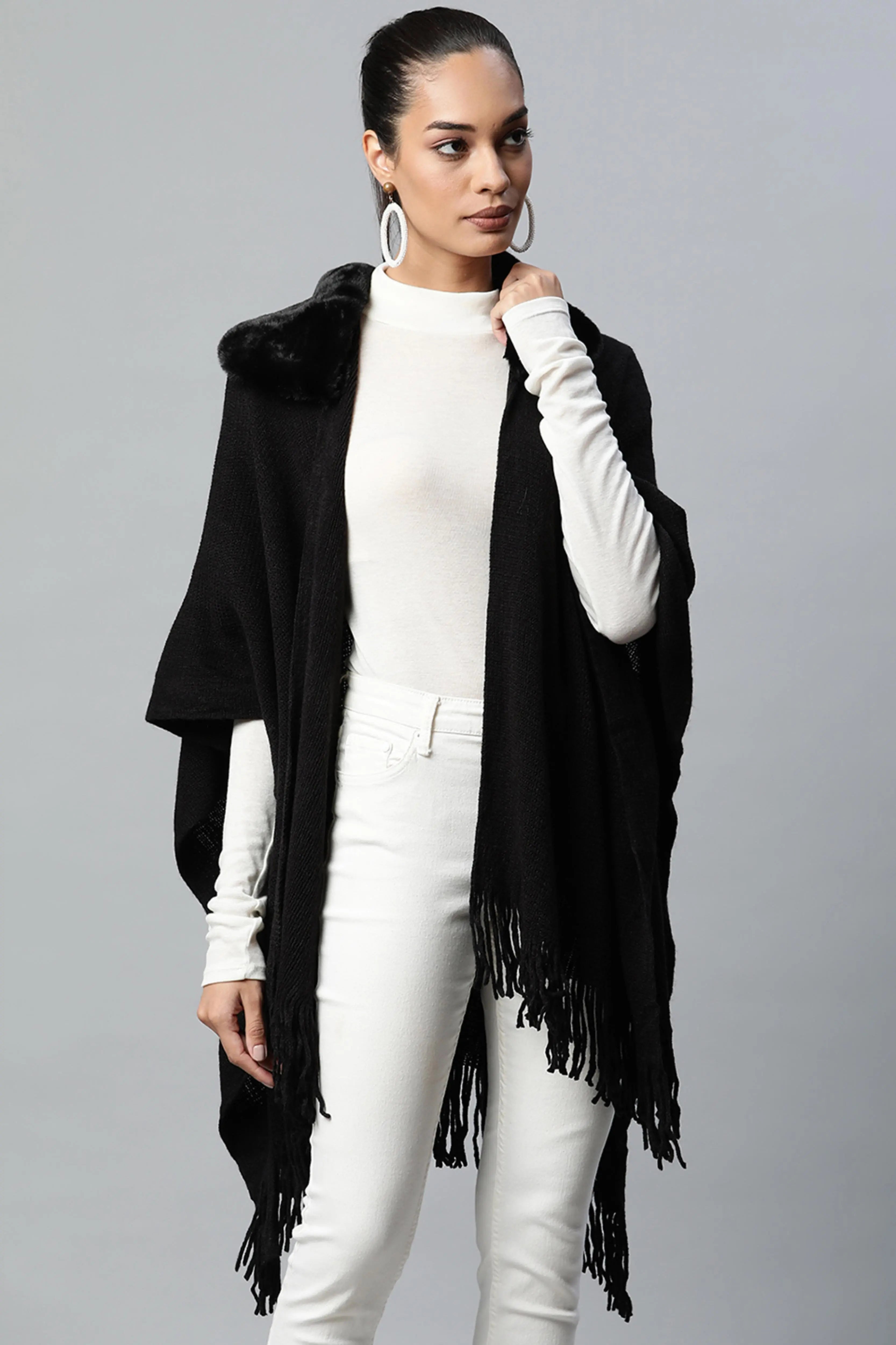 Black Round Fur Collar Continuous Cape - Global Republic