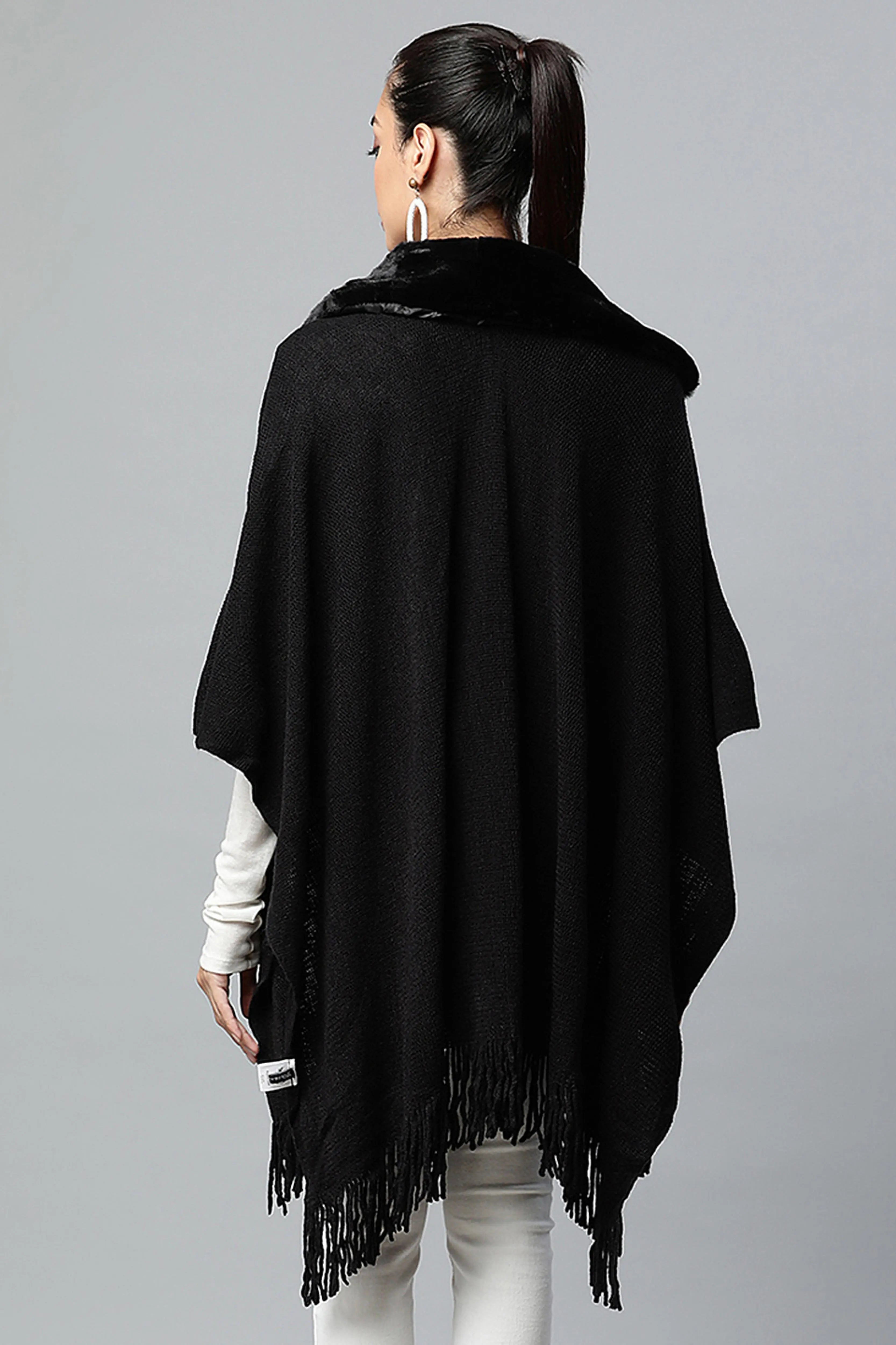 Black Round Fur Collar Continuous Cape - Global Republic