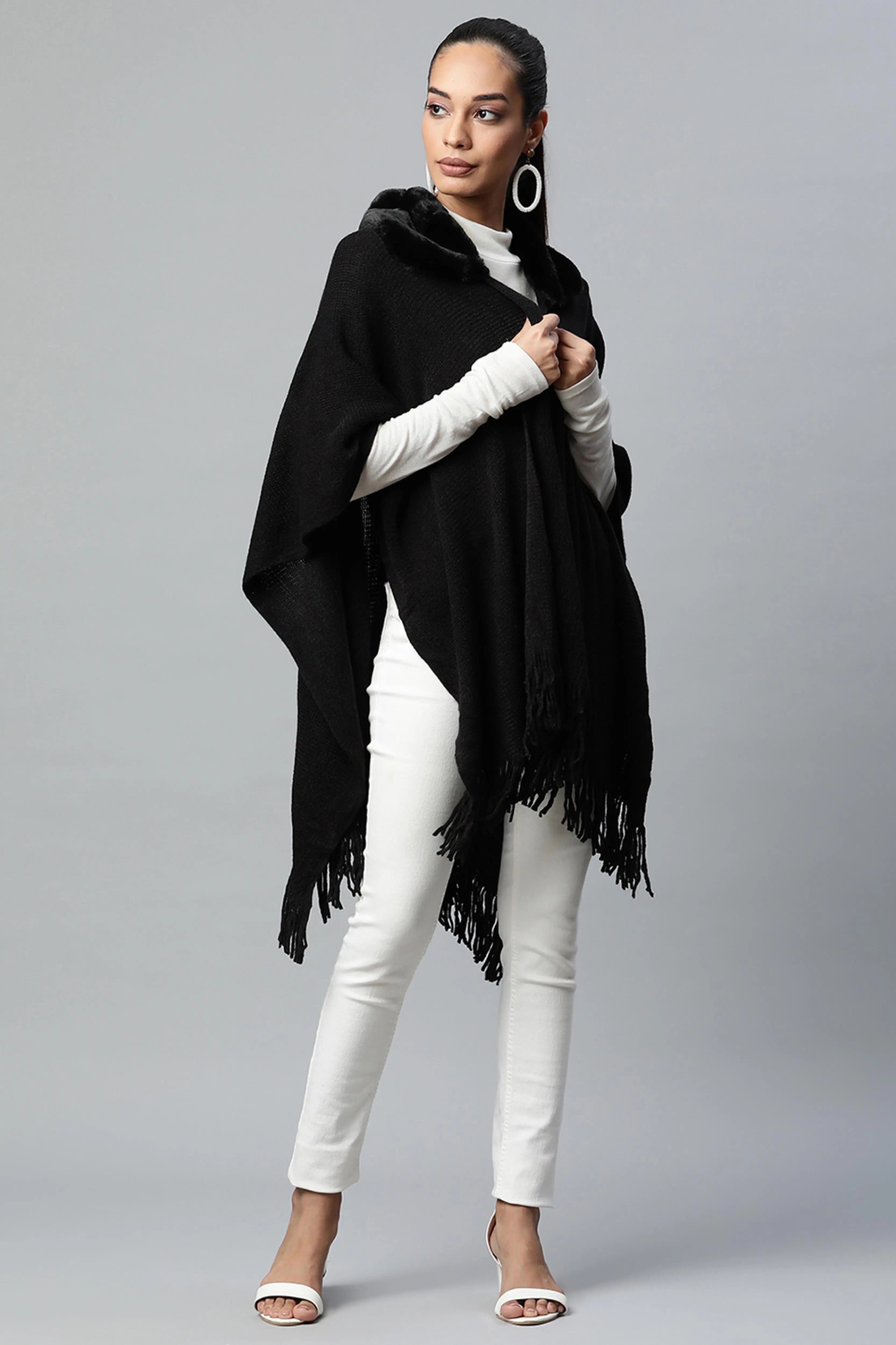 Black Round Fur Collar Continuous Cape - Global Republic
