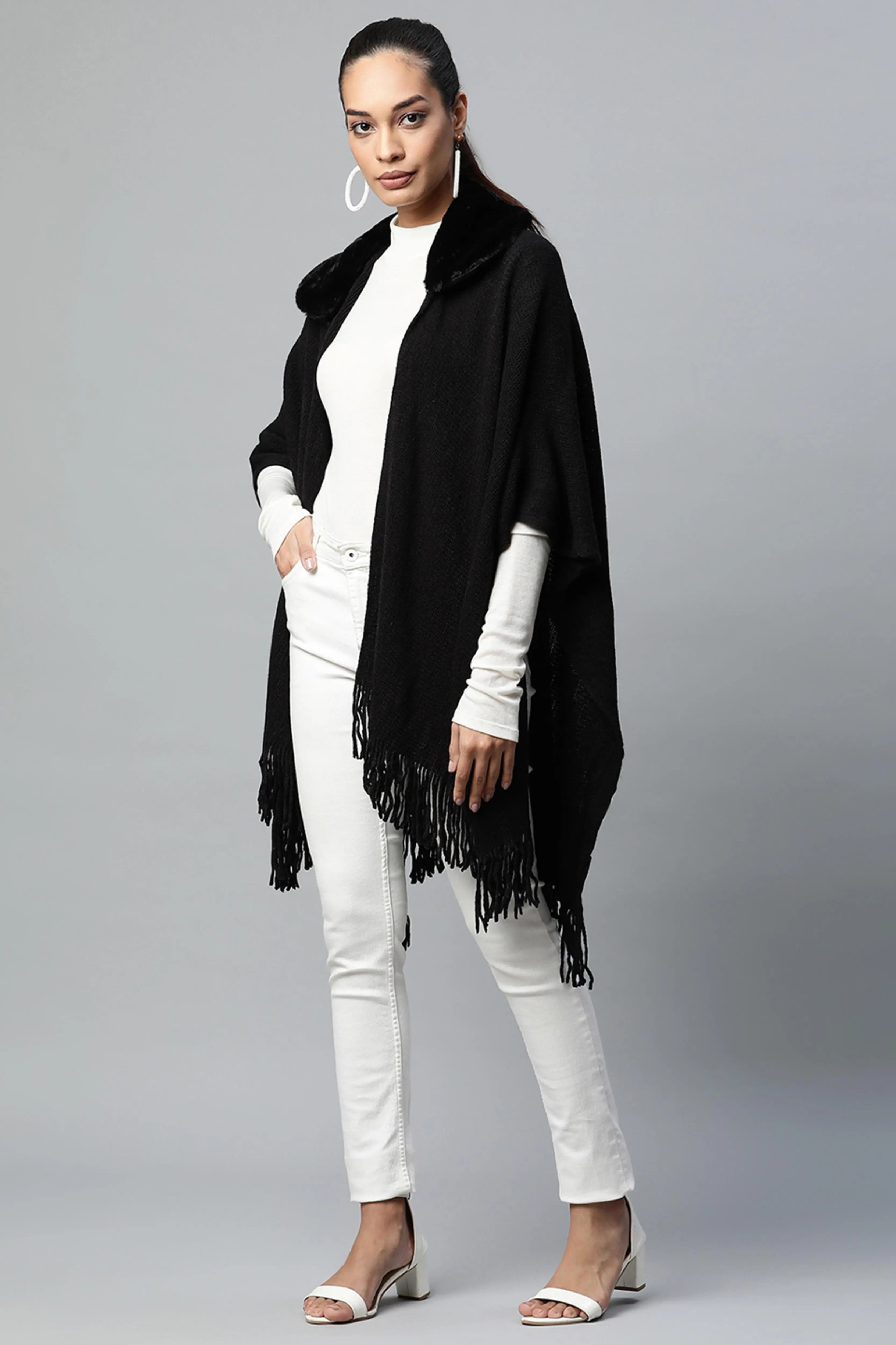 Black Round Fur Collar Continuous Cape - Global Republic