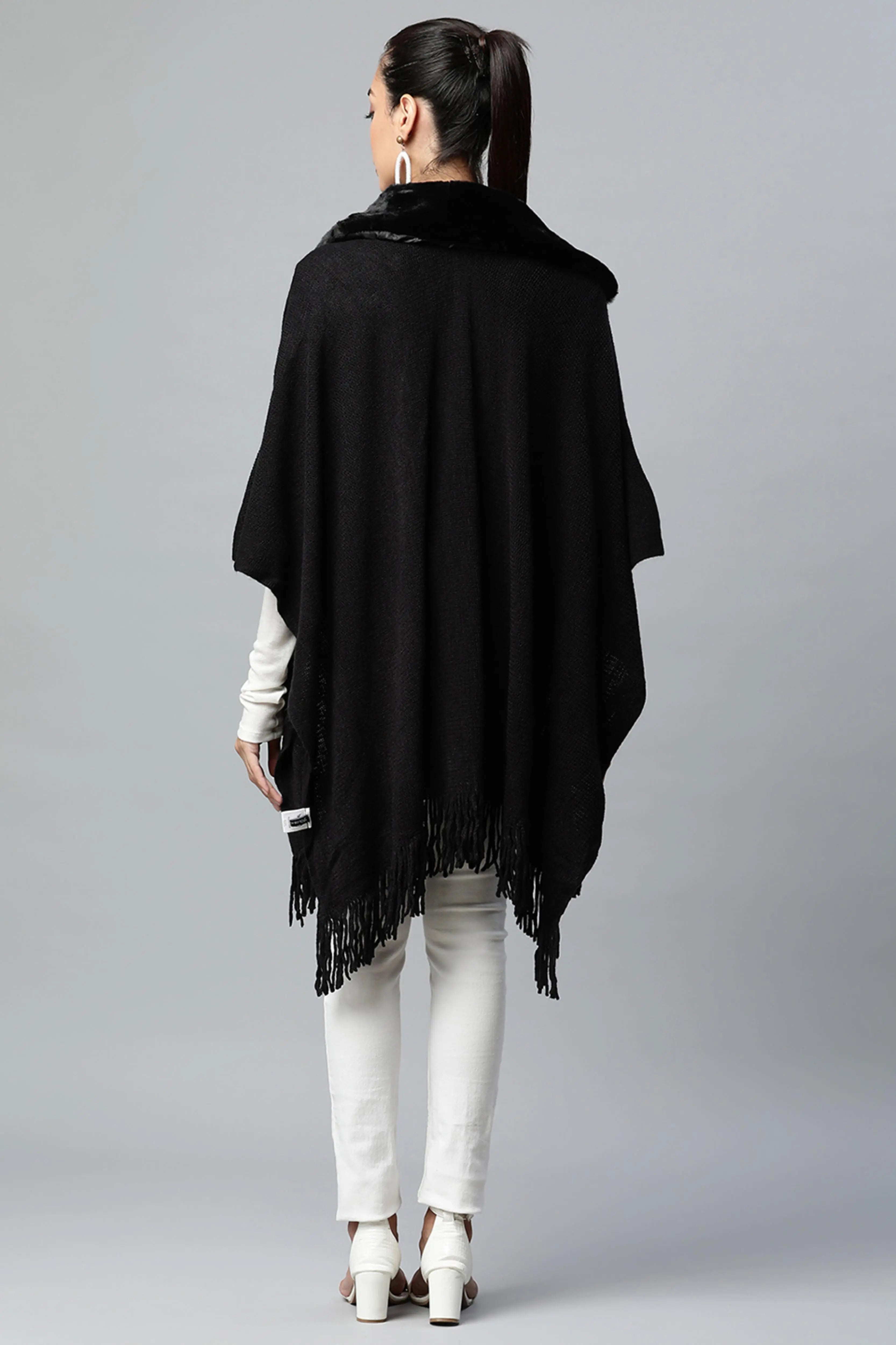 Black Round Fur Collar Continuous Cape - Global Republic