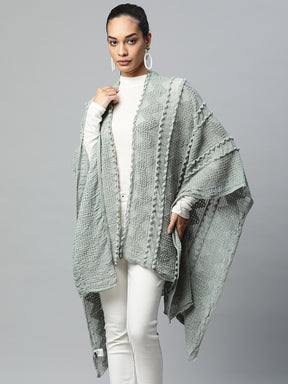 Women Green Free Fall Textured Quarter Sleeves Cape