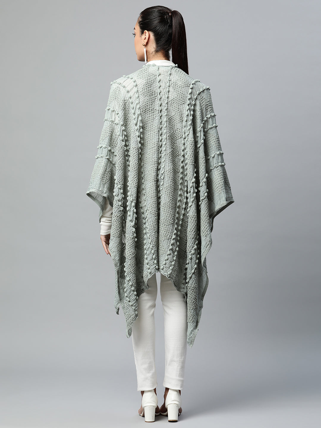 Women Green Free Fall Textured Quarter Sleeves Cape