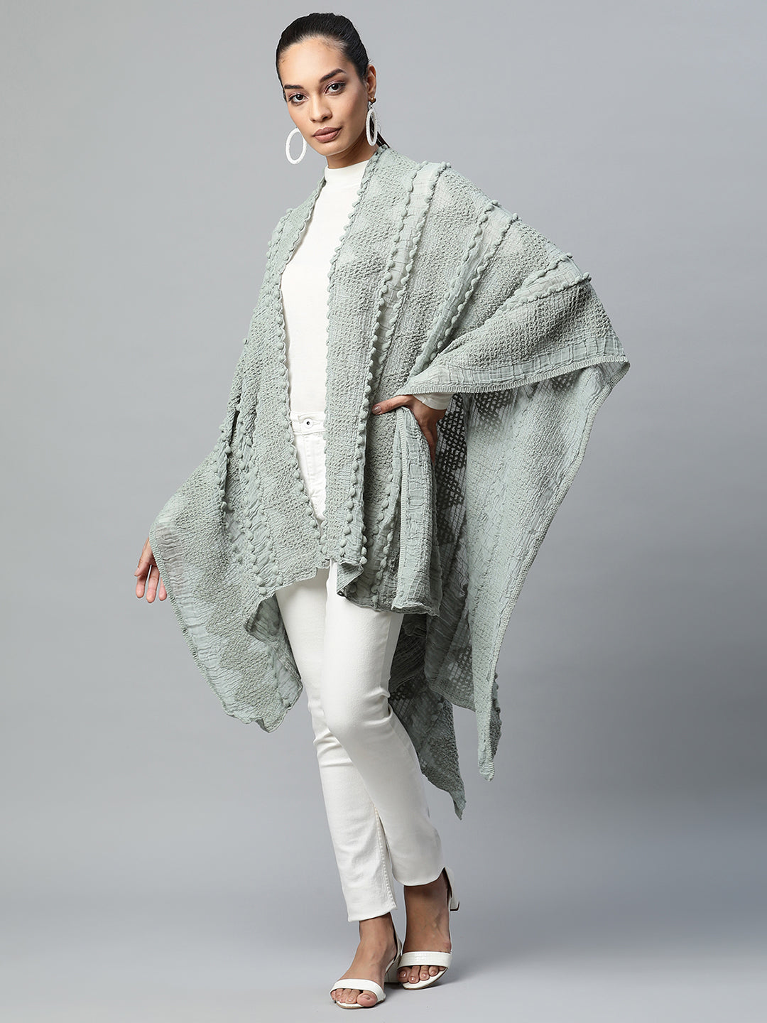 Women Green Free Fall Textured Quarter Sleeves Cape