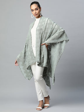 Women Green Free Fall Textured Quarter Sleeves Cape