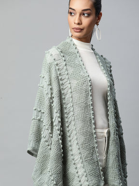 Women Green Free Fall Textured Quarter Sleeves Cape