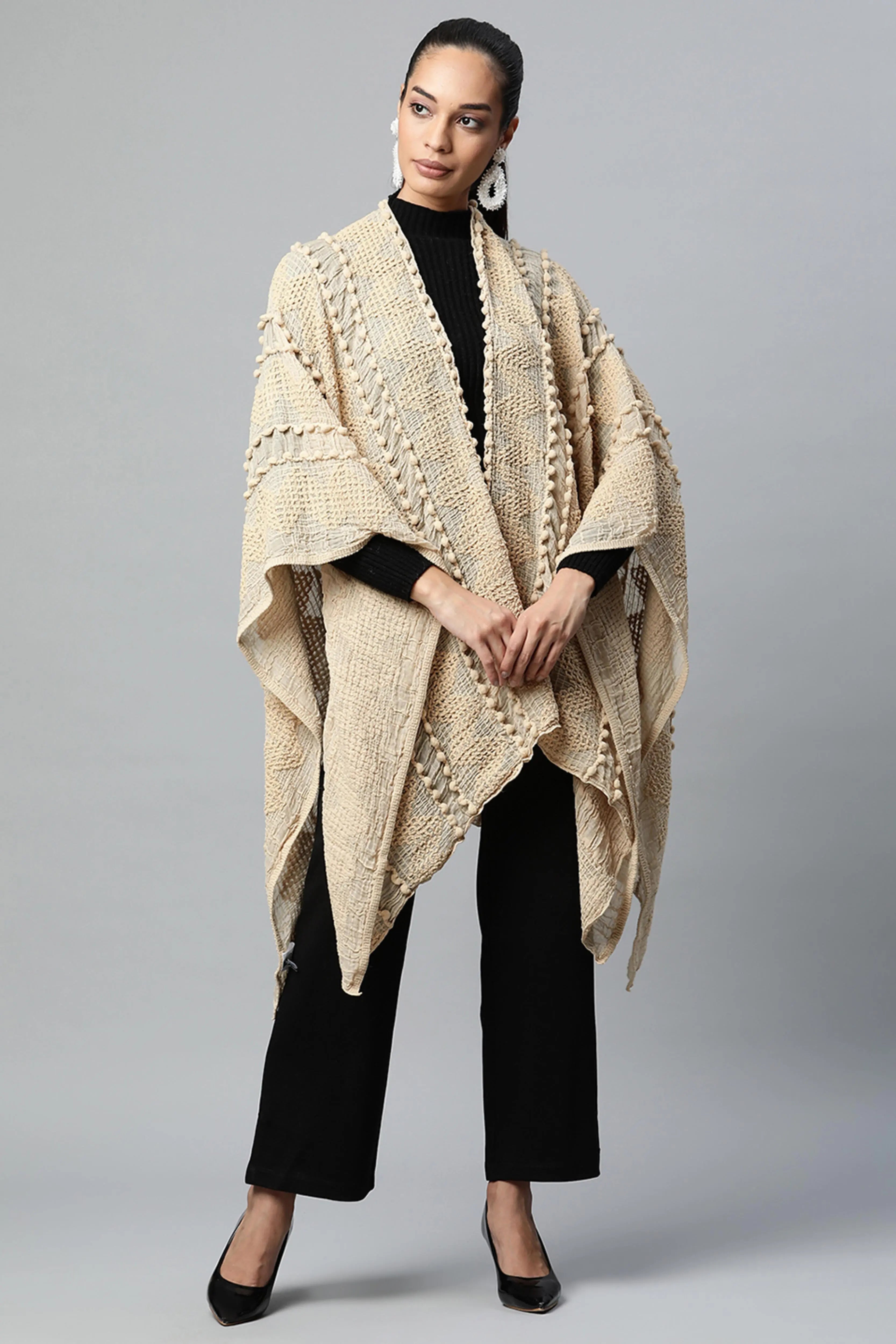 Women Beige Free Fall Textured Cape - Global Republic