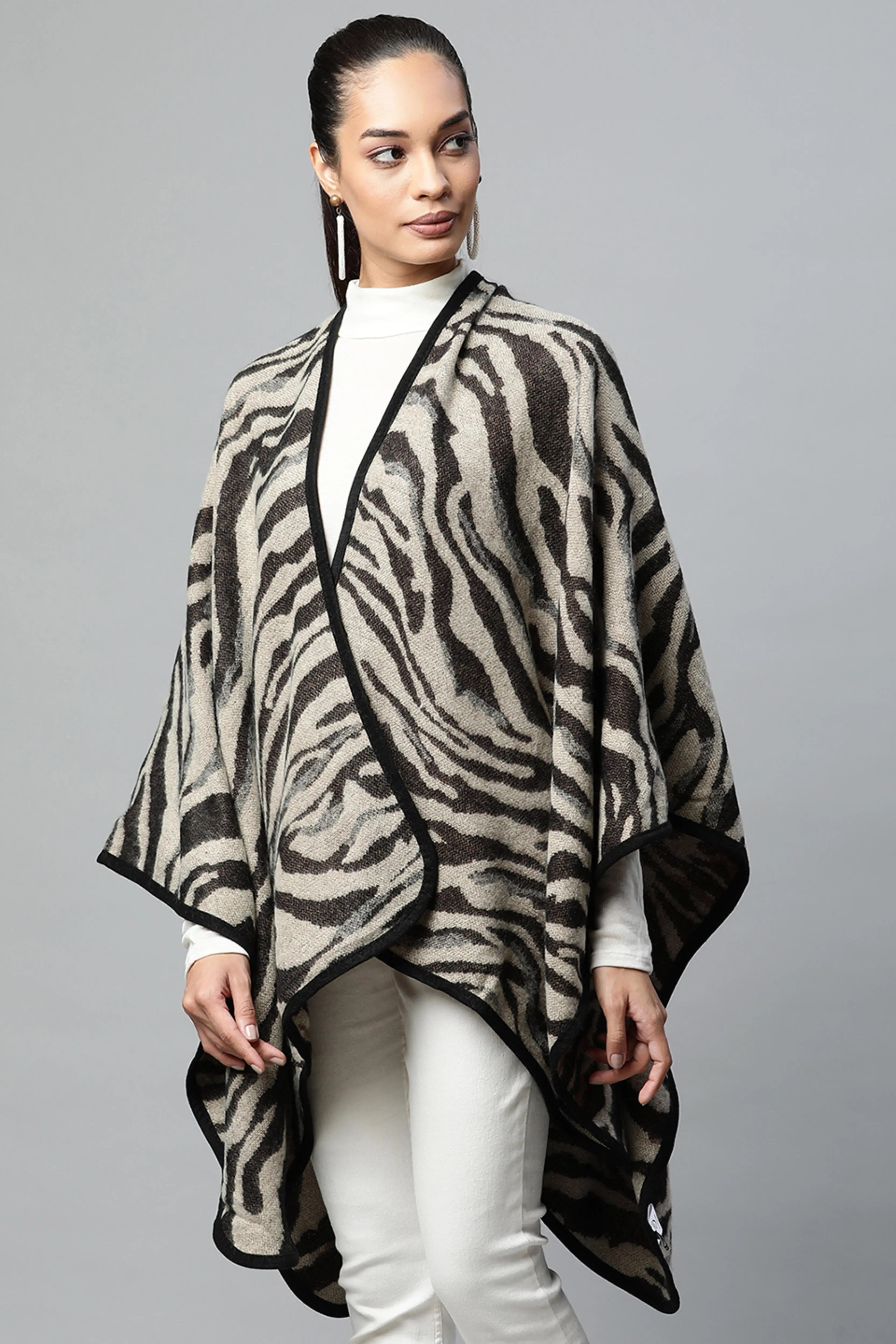 Women Beige Zebra Pattern Heavy Cape - Global Republic
