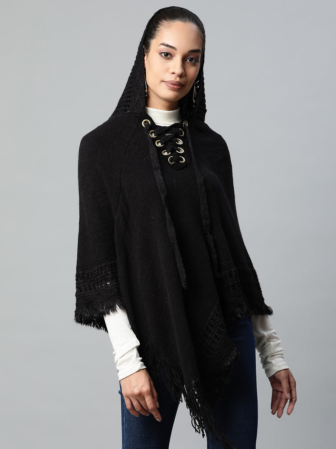 Women Black Hooded Lace-Up Asymmetric Poncho - Global Republic